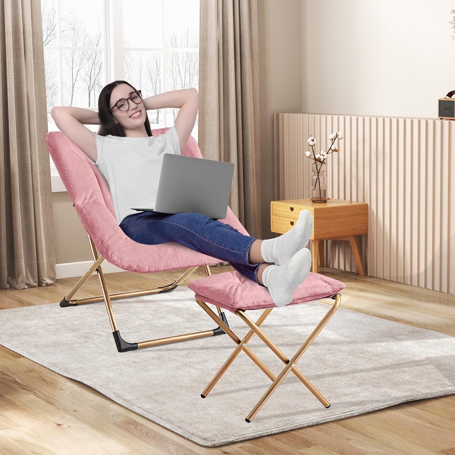 Foldable Oversized Reading Chair with Ottoman, Non-Slip Pad & Cozy Faux Fur