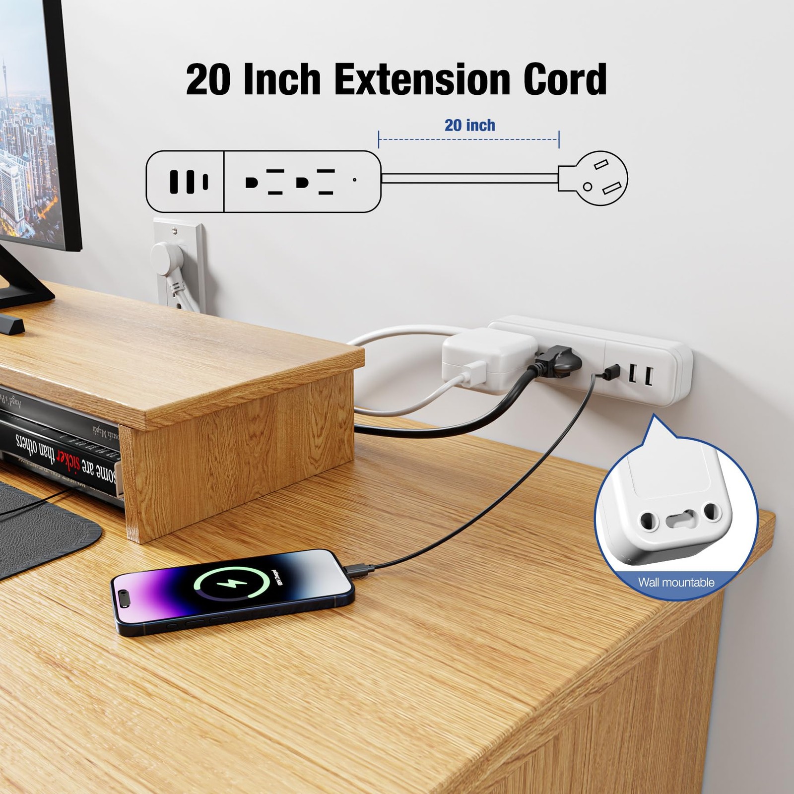 Power Strip Surge Protector - Flat Plug with 3 USB Ports 2 AC Outlets 20 Inch...