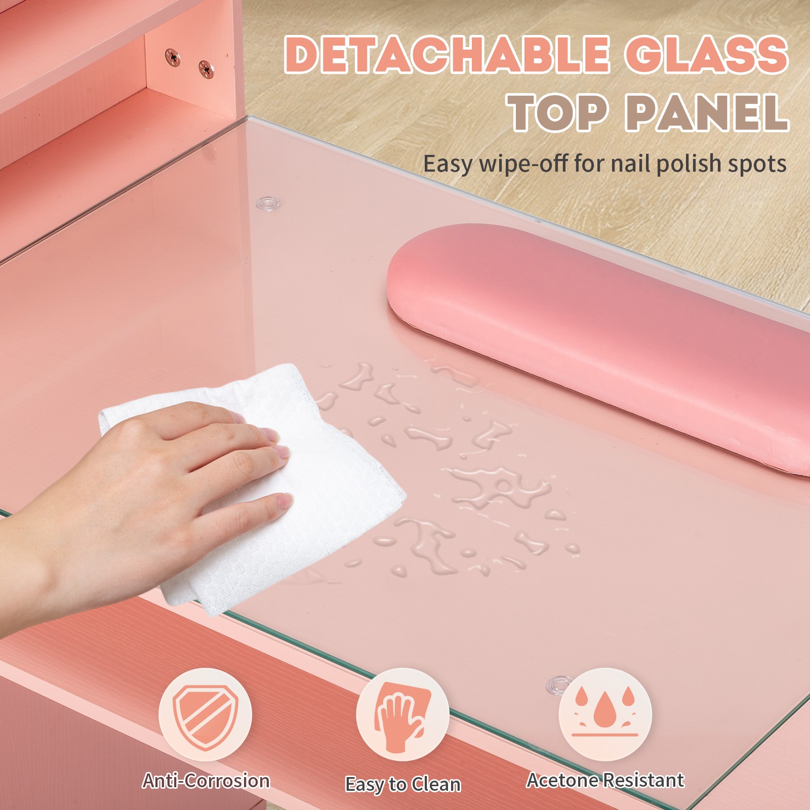 Pink Relief Nail Table w/ 3 Doors & 2 Drawers, Particle Board & Tempered Glass