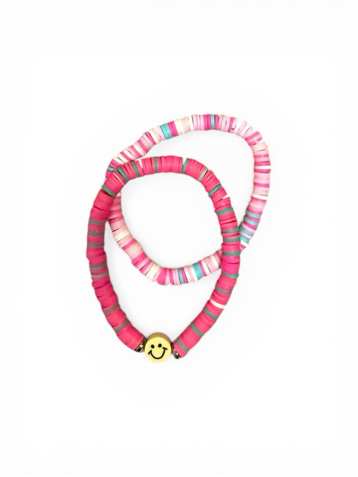 Pink multicolor beaded polymer bracelet with smile charm