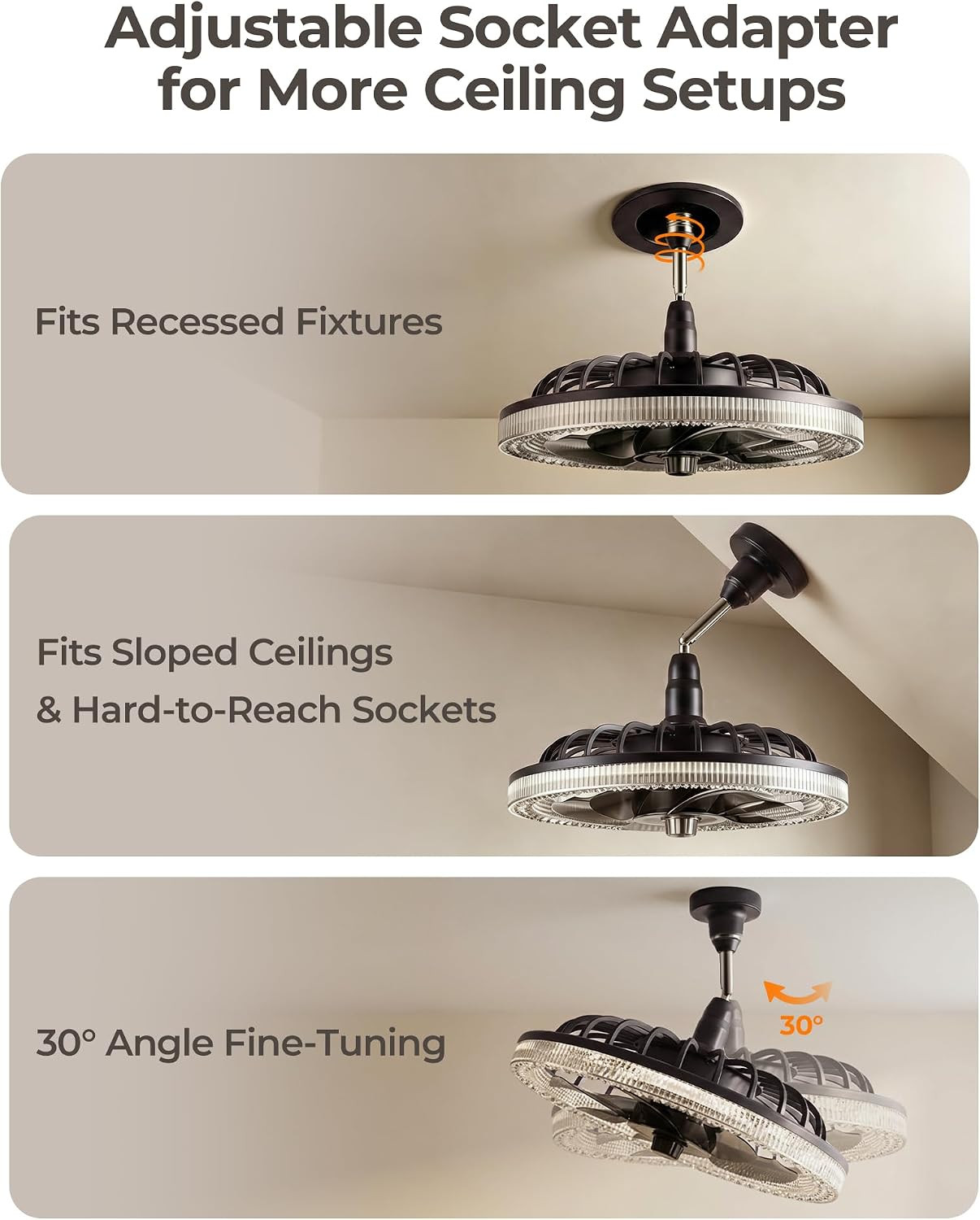 Low Profile Socket Fan Light with Remote and Extender, 2200LM LED Light Bulb Fan