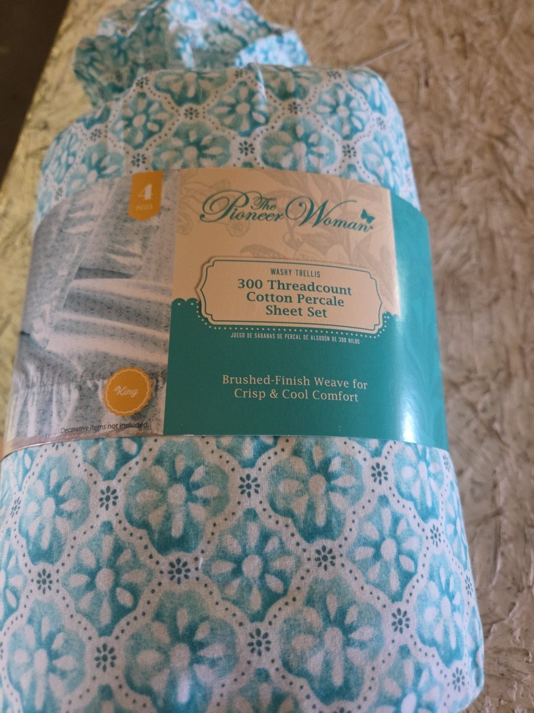 Pioneer Woman 4-Piece 300 Thread Count Cotton Bed Sheet Set, King Washy Trellis