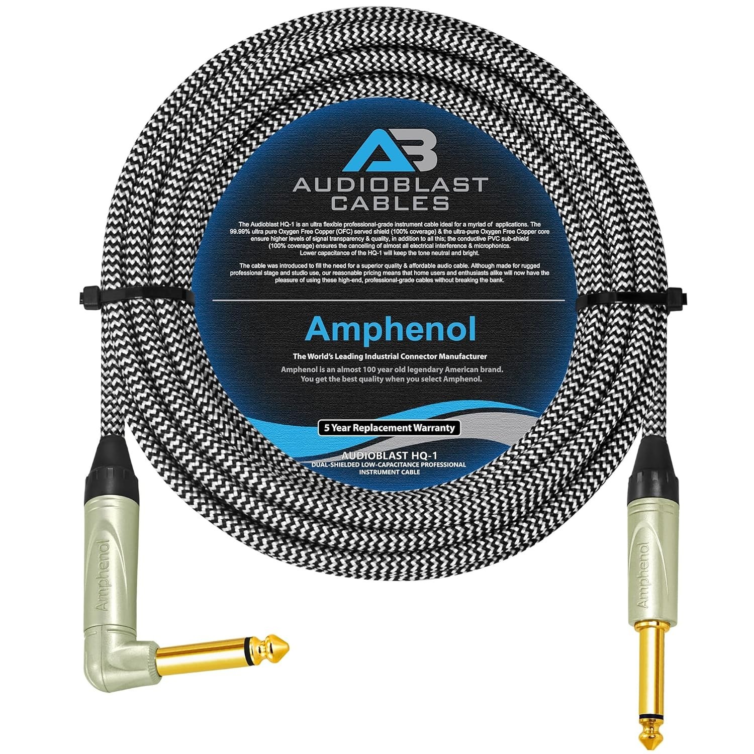 AUDIOBLAST CABLES 18 Foot HQ-1-BRAID (Black+White) Angled & Straight Gold Plugs