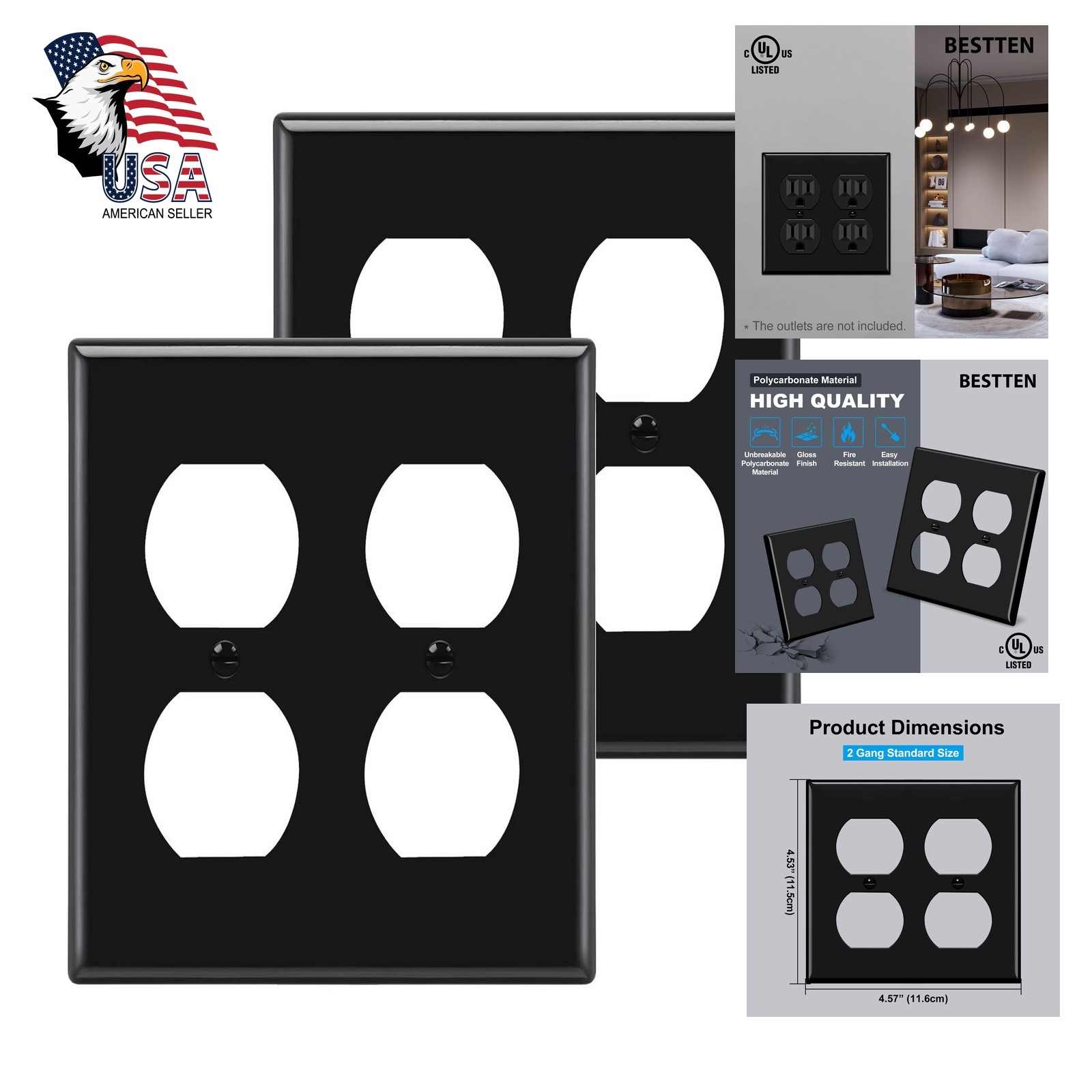 BESTTEN 2 Pack Black 2 Gang Duplex Outlet Cover Plate