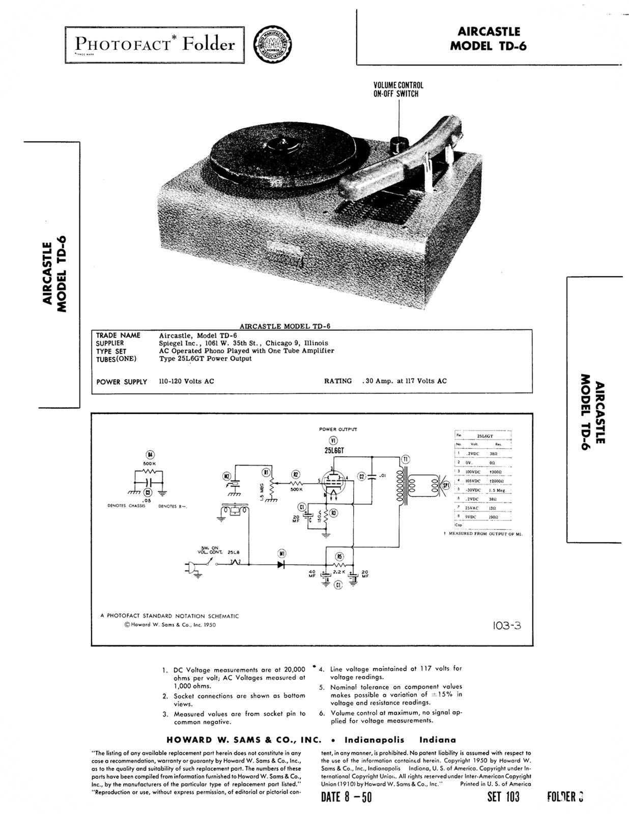 Sams Photofacts 103-3 Phonograph Aircastle single sheet model TD-6