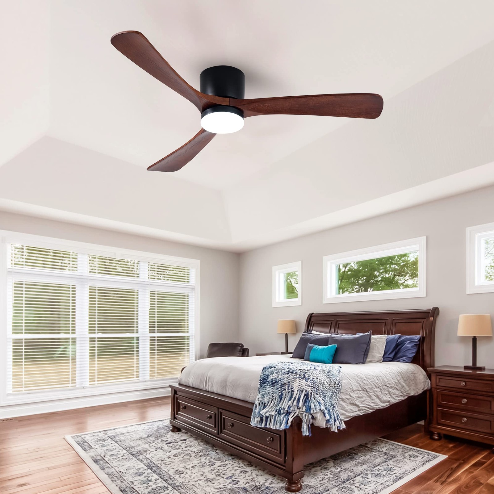 52" Flush Mount Ceiling Fan with Lights Remote Control, 3 Blades Wood Ceiling...