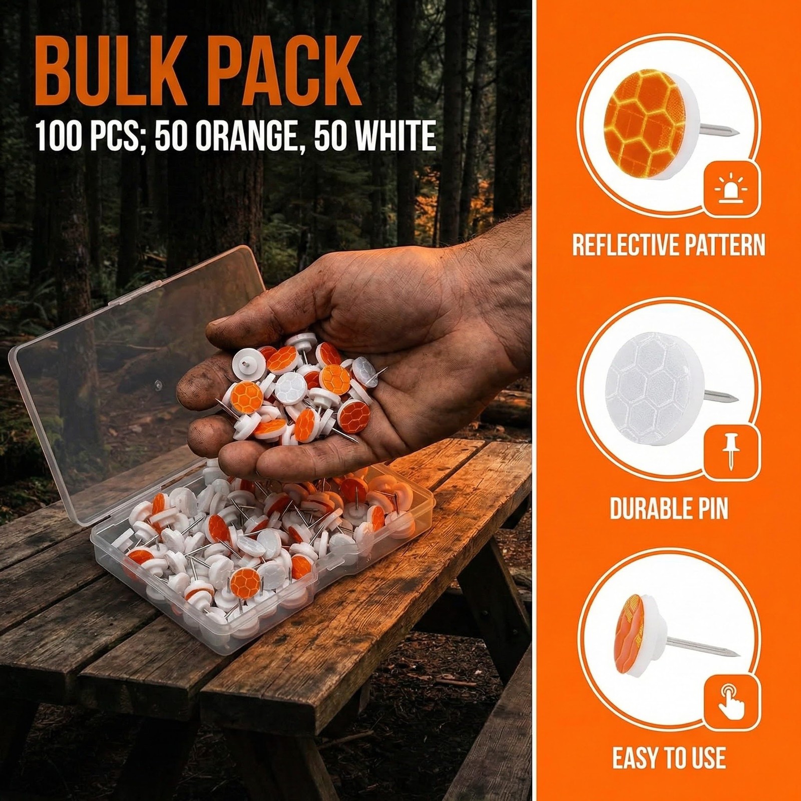 100pcs Reflective Tacks Trail Marking Glow Orange, Sliver