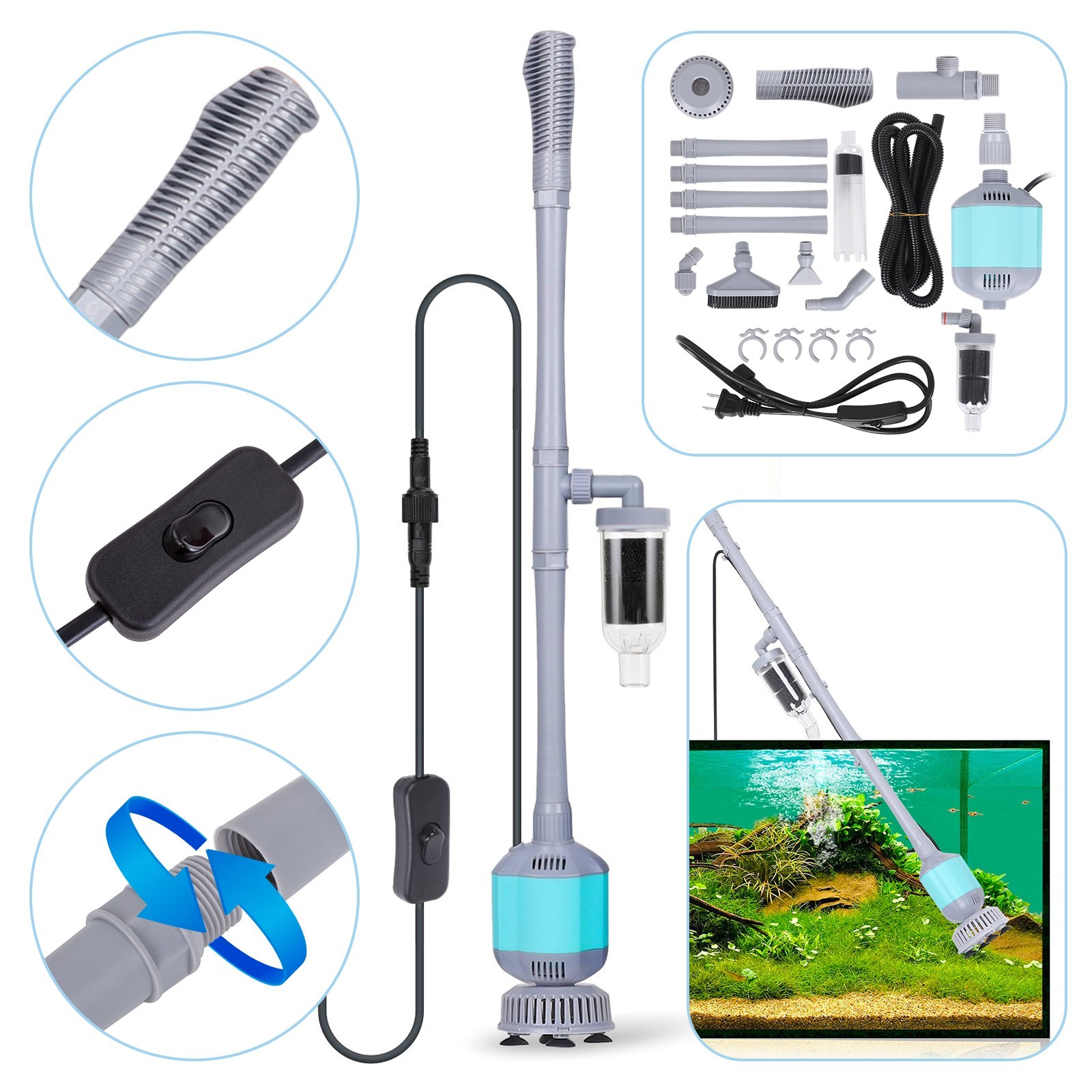 hygger Electric Aquarium Siphon Vacuum Cleaner Fish Tank Cleaning Gravel & Sand