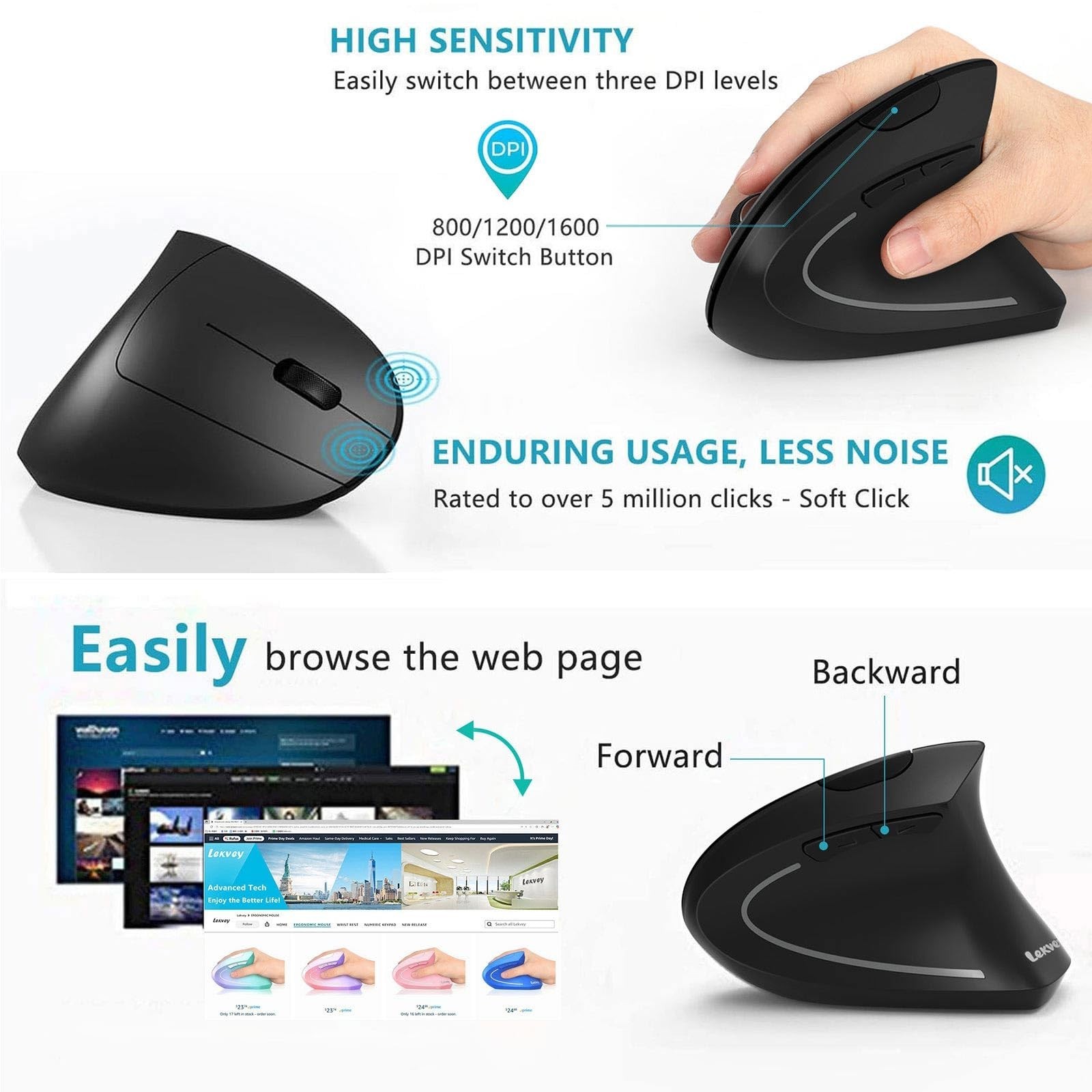 Ergonomic Mouse, LEKVEY Vertical Wireless Mouse - Rechargeable 2.4G Optical V...