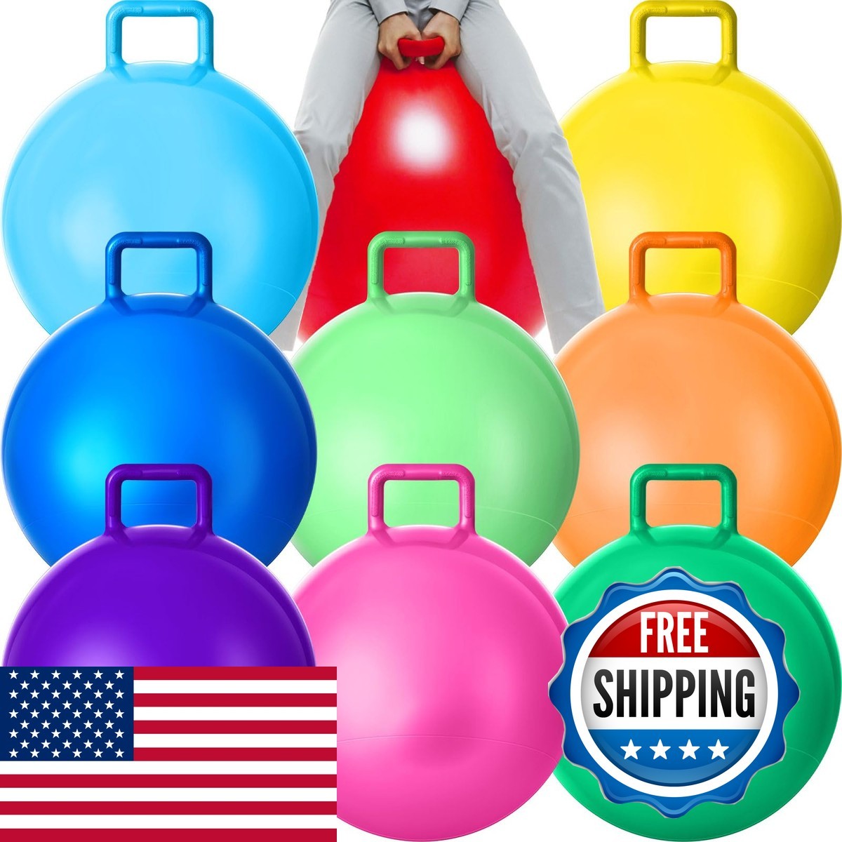 Meooeck 9 Pcs Hopper Ball 29 Inch Outdoor with Handles Air Pump Multicolor