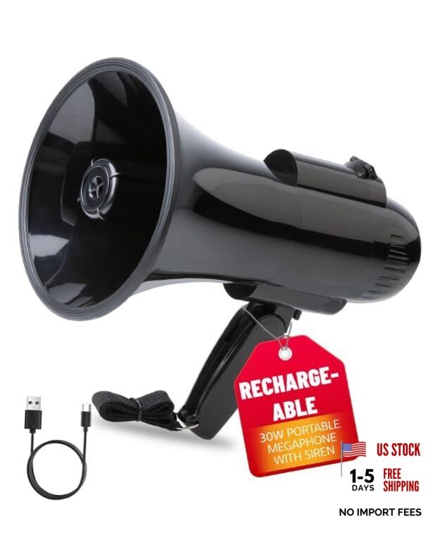 30 Watt Black Rechargeable Megaphone Bullhorn Speaker, Siren and 240s