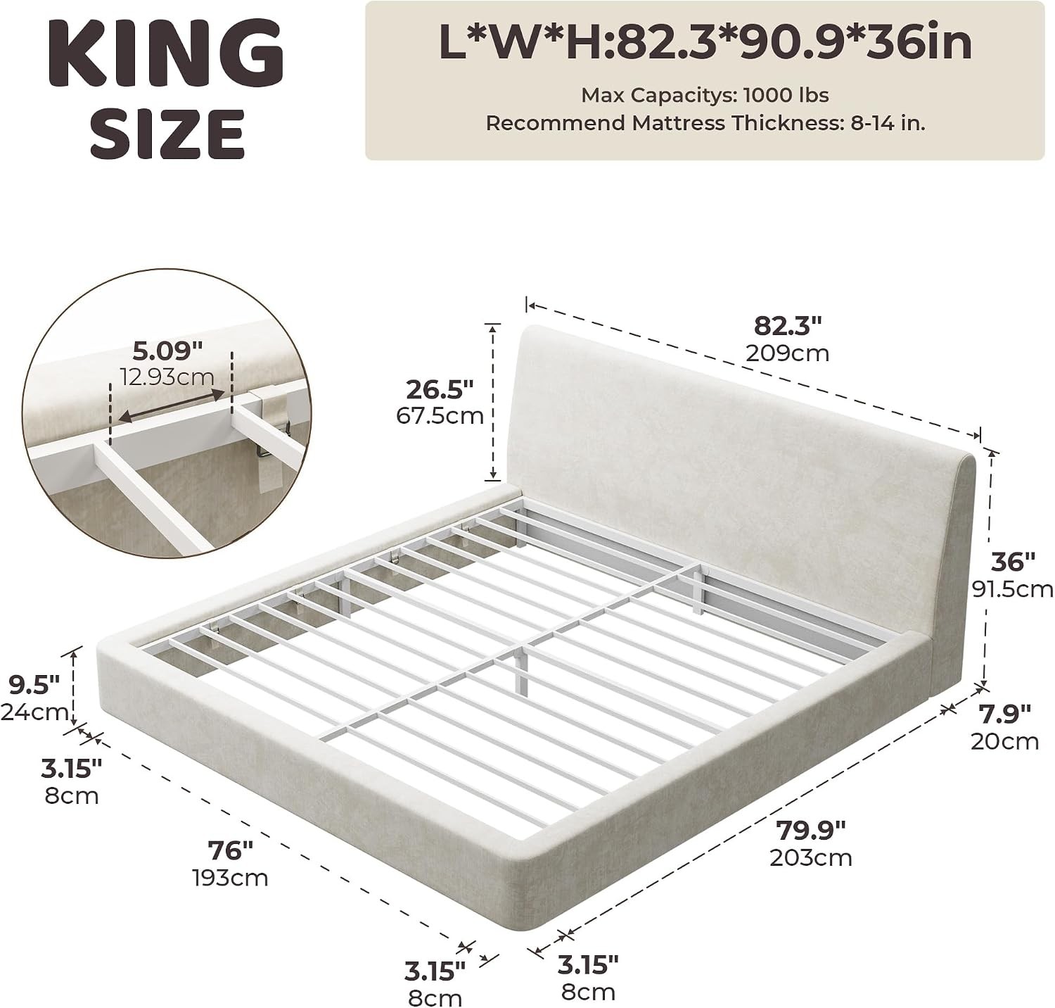 AirFrame King Size Bed Frame W/ Ergonomic Angled Foam Cushioned Headboard