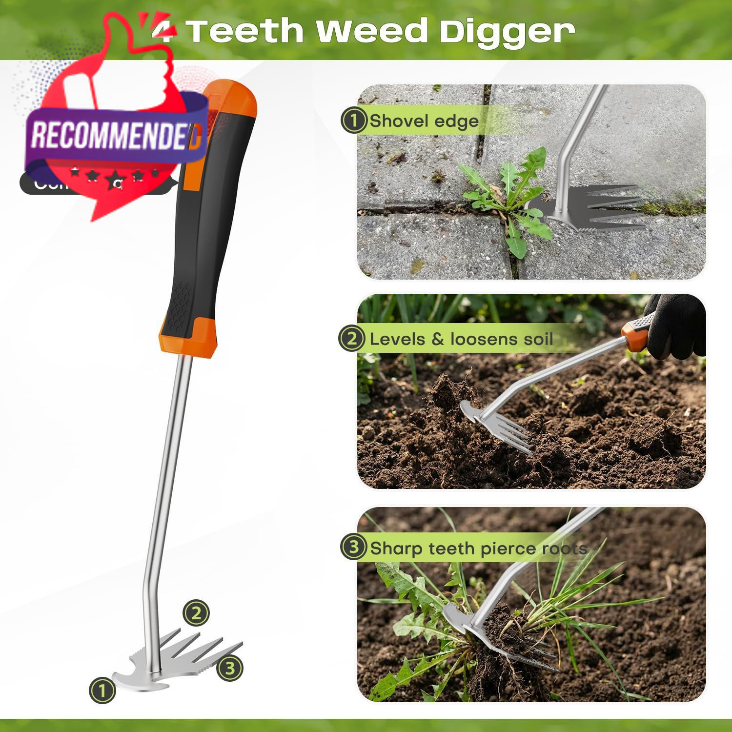 Weed Puller Tool 3 Pack Manual Root Remover Garden Lawn Weeding Black Orange
