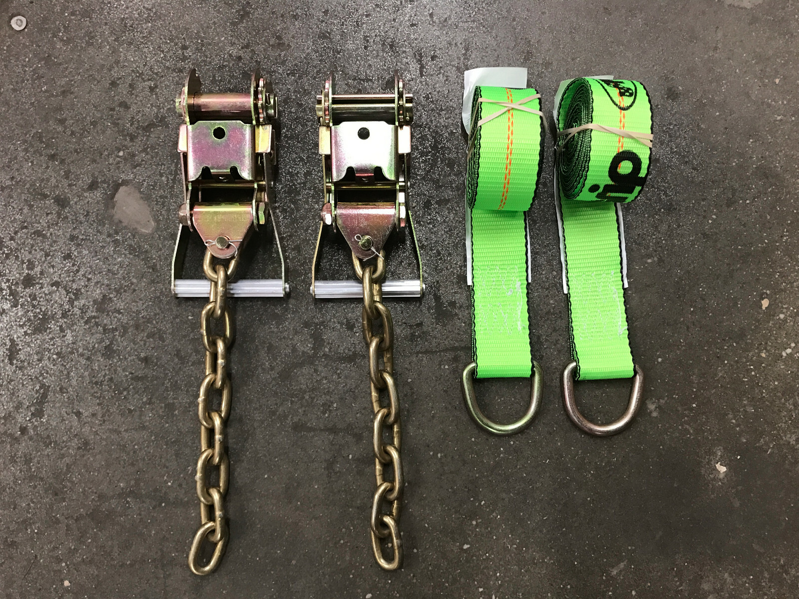 (2) 2" CHAIN RATCHETS & (2) 8' HI-VIZ Green LASSO STRAPS Tow Truck Flatbed