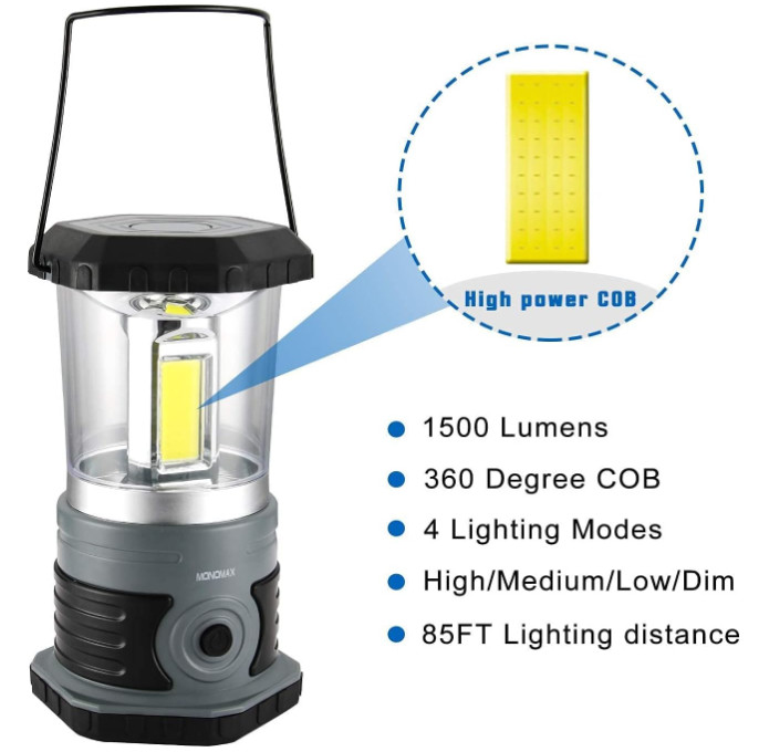 Linterna LED camping 1500 LM, 4 modos, pilas incluidas, resistente al clima