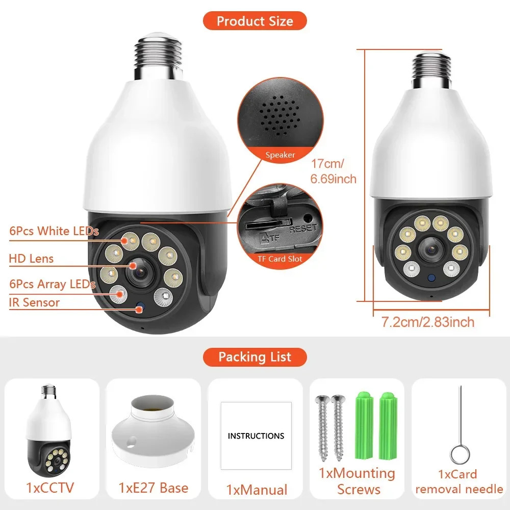 E27 5MP Camera Bulb PTZ Security Video Bulb Surveillance Camera Motion Tracking