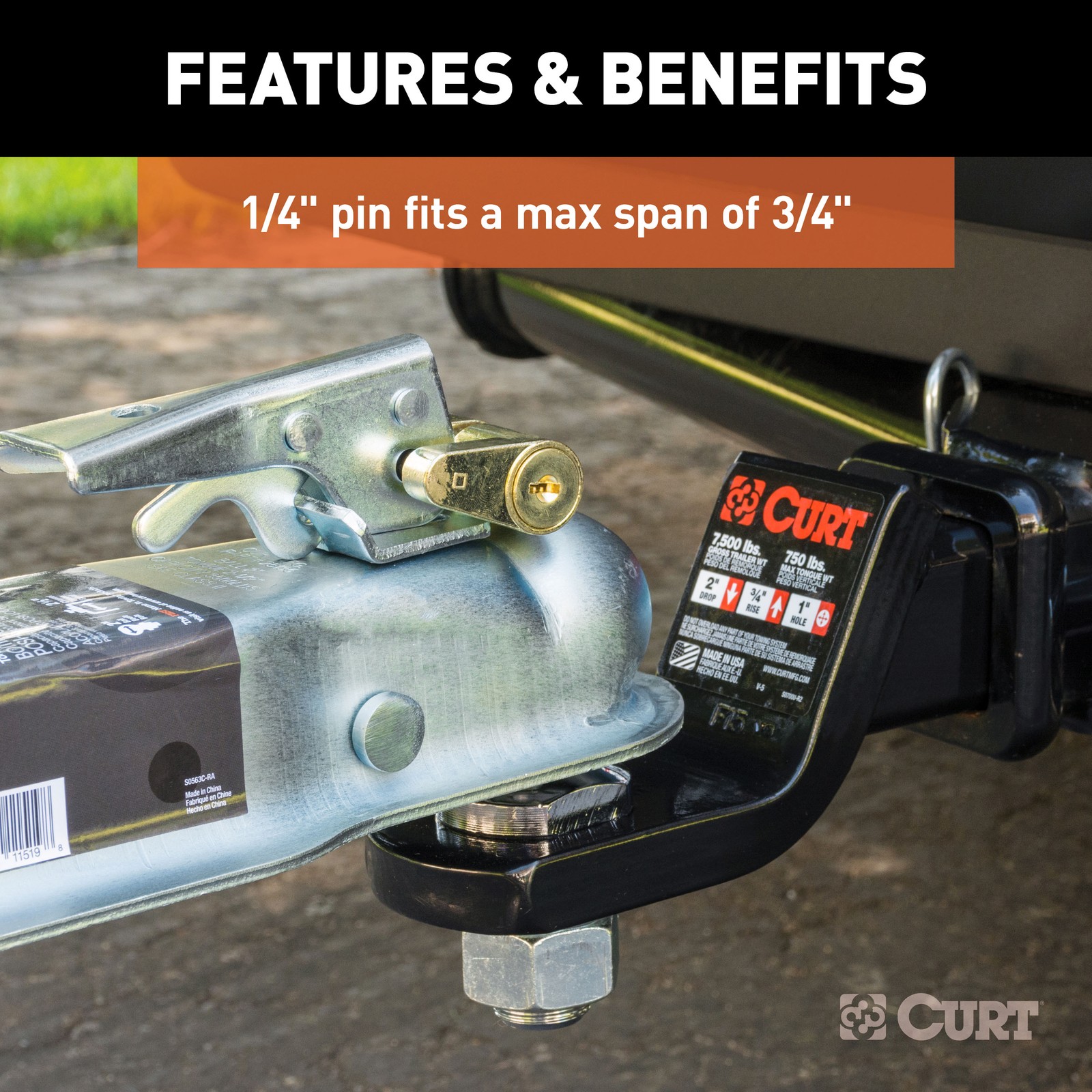 Curt Coupler Lock (1/4" Pin, 3/4" Latch Span, Padlock, Brass-Plated)