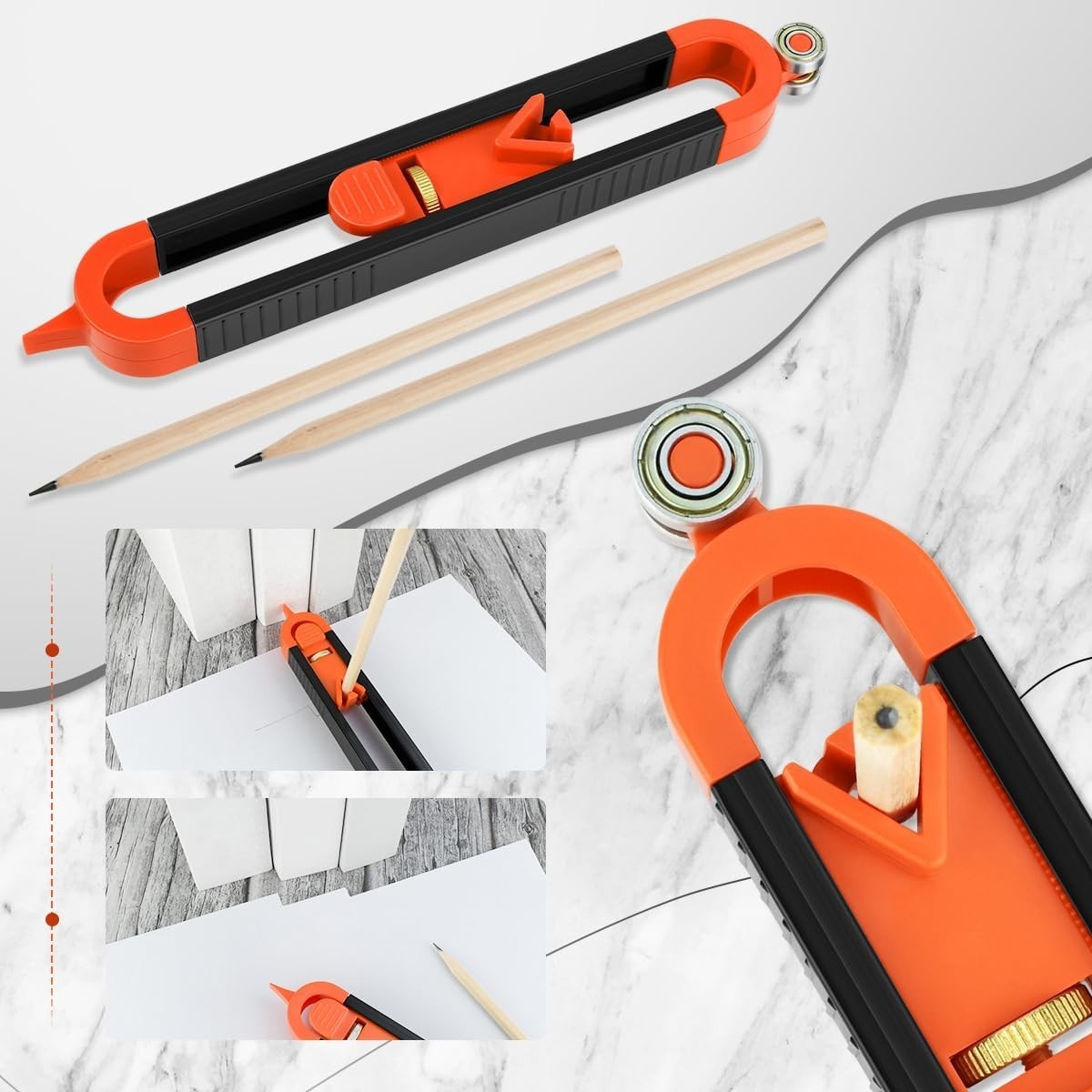 Compact Contour Scribing Tool with Adjustable Lock & Dual Pencils - Black