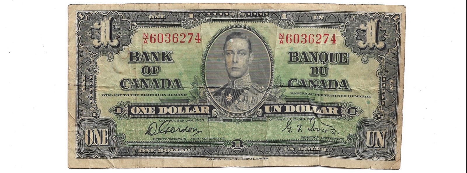 1937 Vintage Canada $1 Bill! Canadian 1 Dollar Paper Currency King George VI