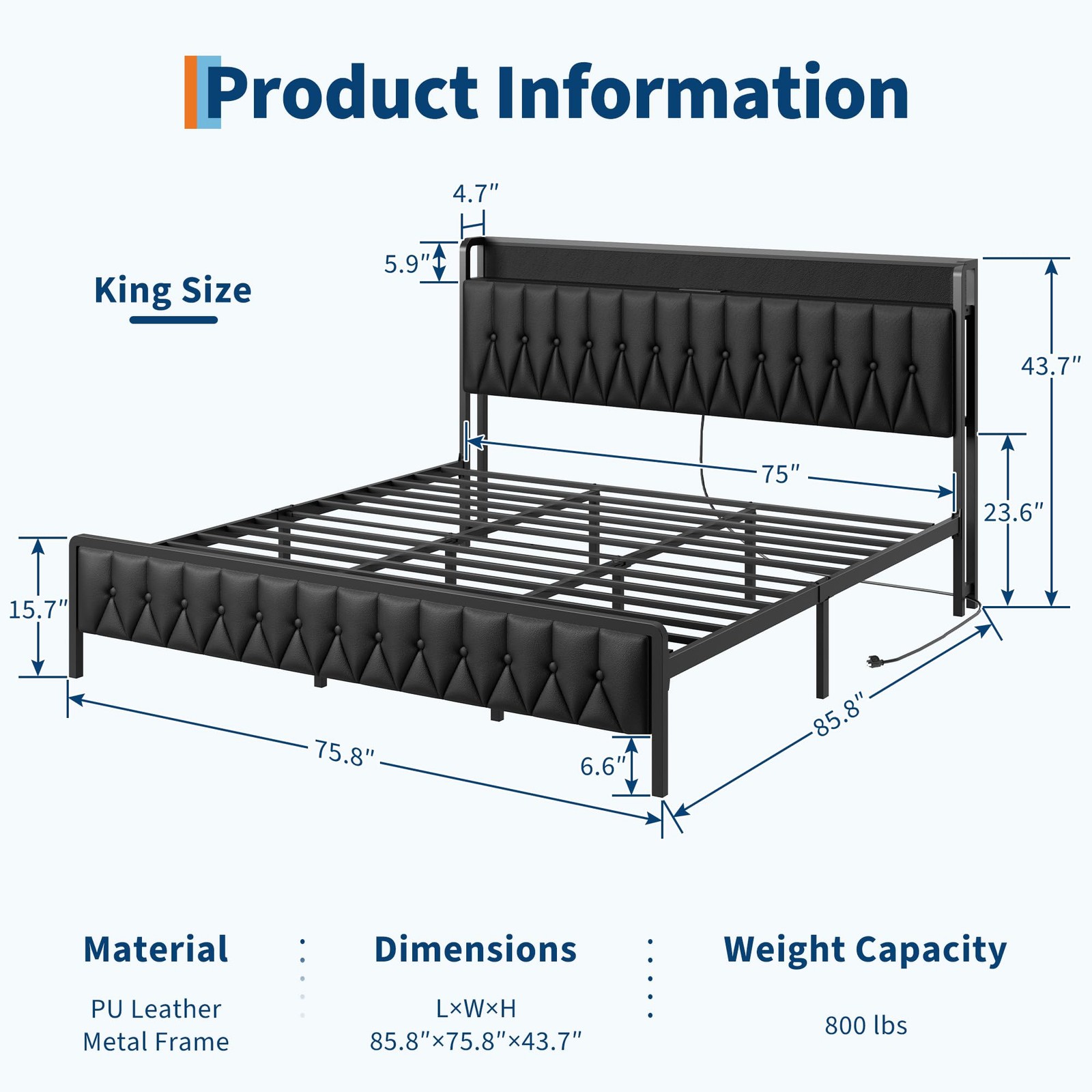 GRAVEE King Upholstered Platform Bed Frame w/Charging Station Underbed Storage