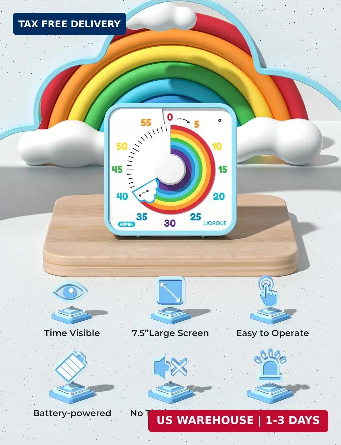 LIORQUE 7.5-Inch Large Visual Timer, 60-Minute Classroom Timer Magnetic | Non-Ti