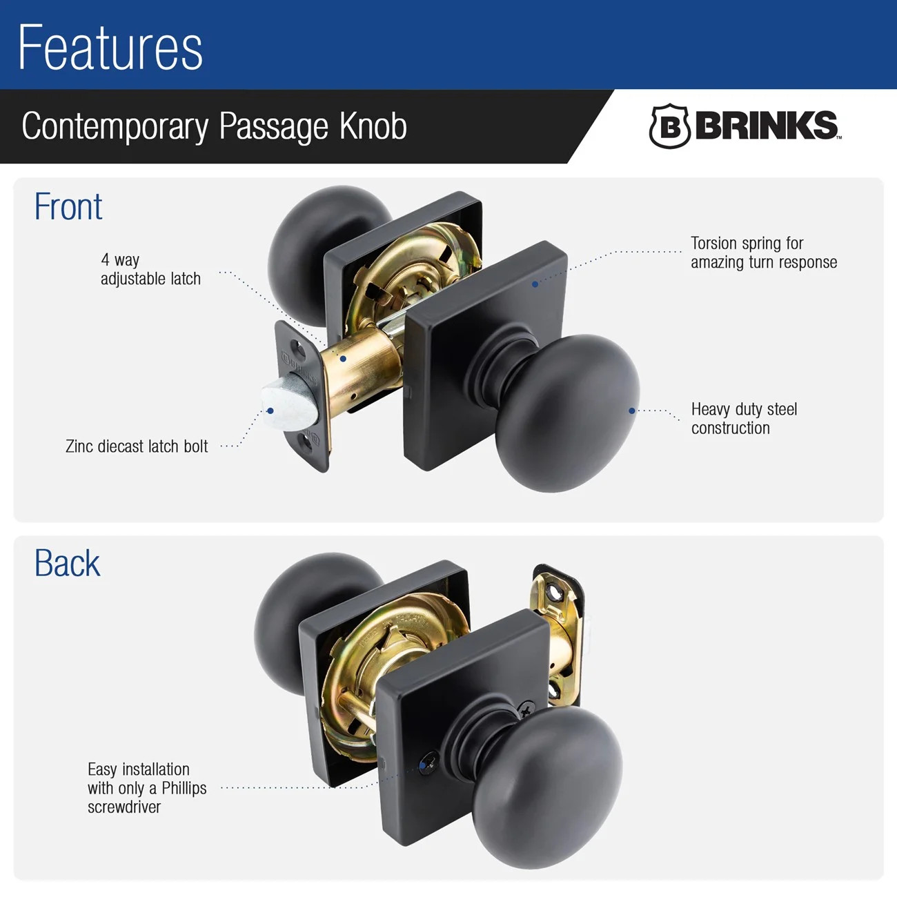 Contemporary Interior Passage Doorknob, Matte Black Keyless Doorknob, 10 Pack