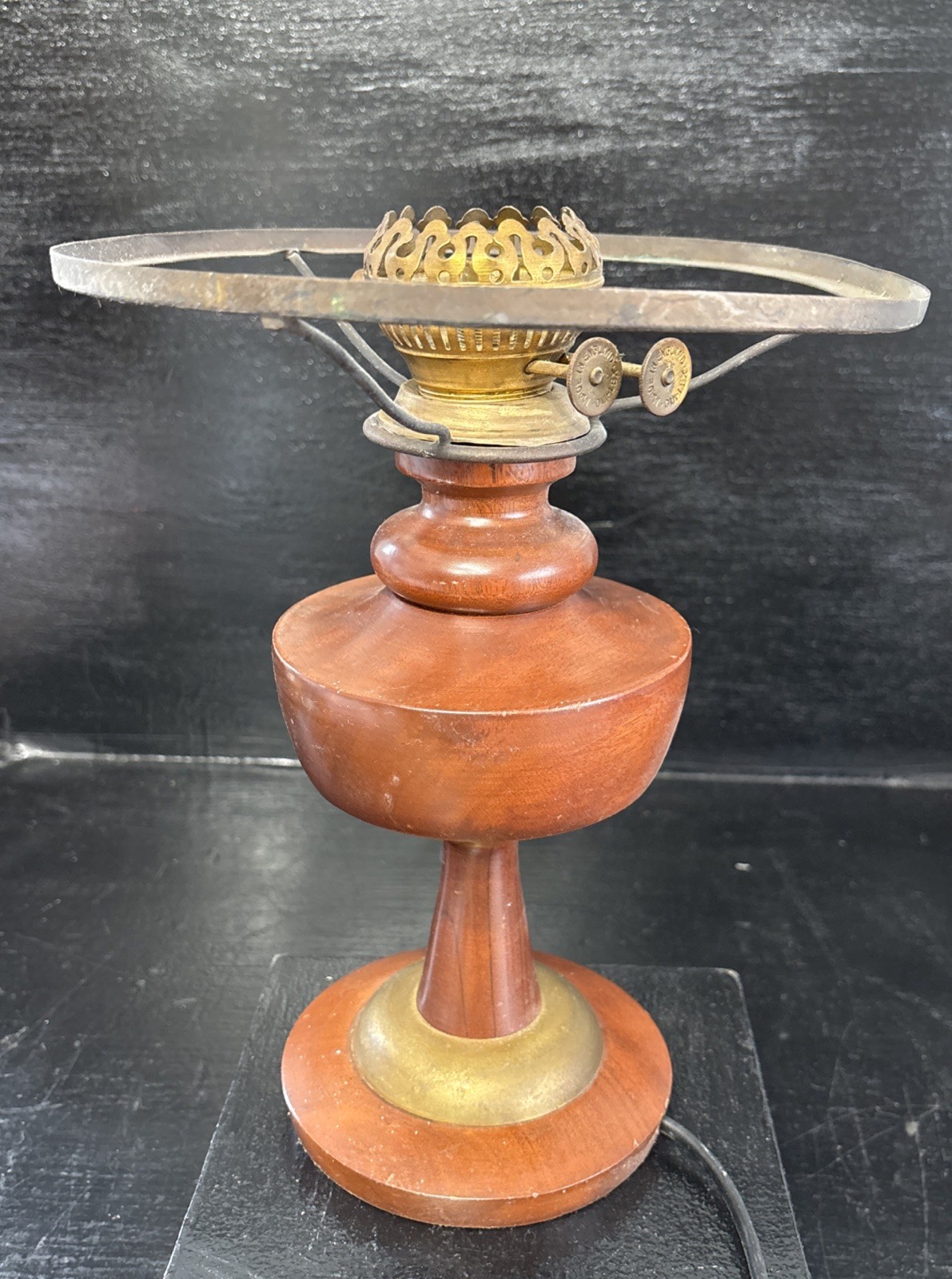Unusual Vintage Hand Made Wooden Table Lamp In The Form Of An Oil Lamp Unwired