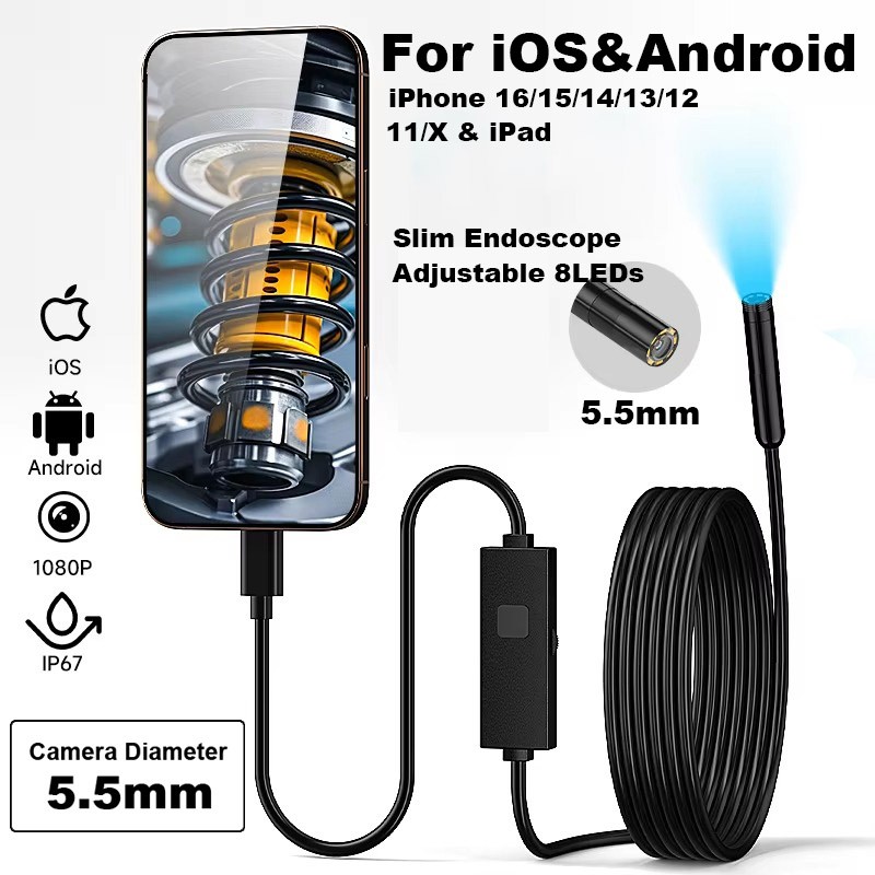 5.5mm Endoscope Inspection Camera Flexible Video Cam iPhone iOS Android Phone US