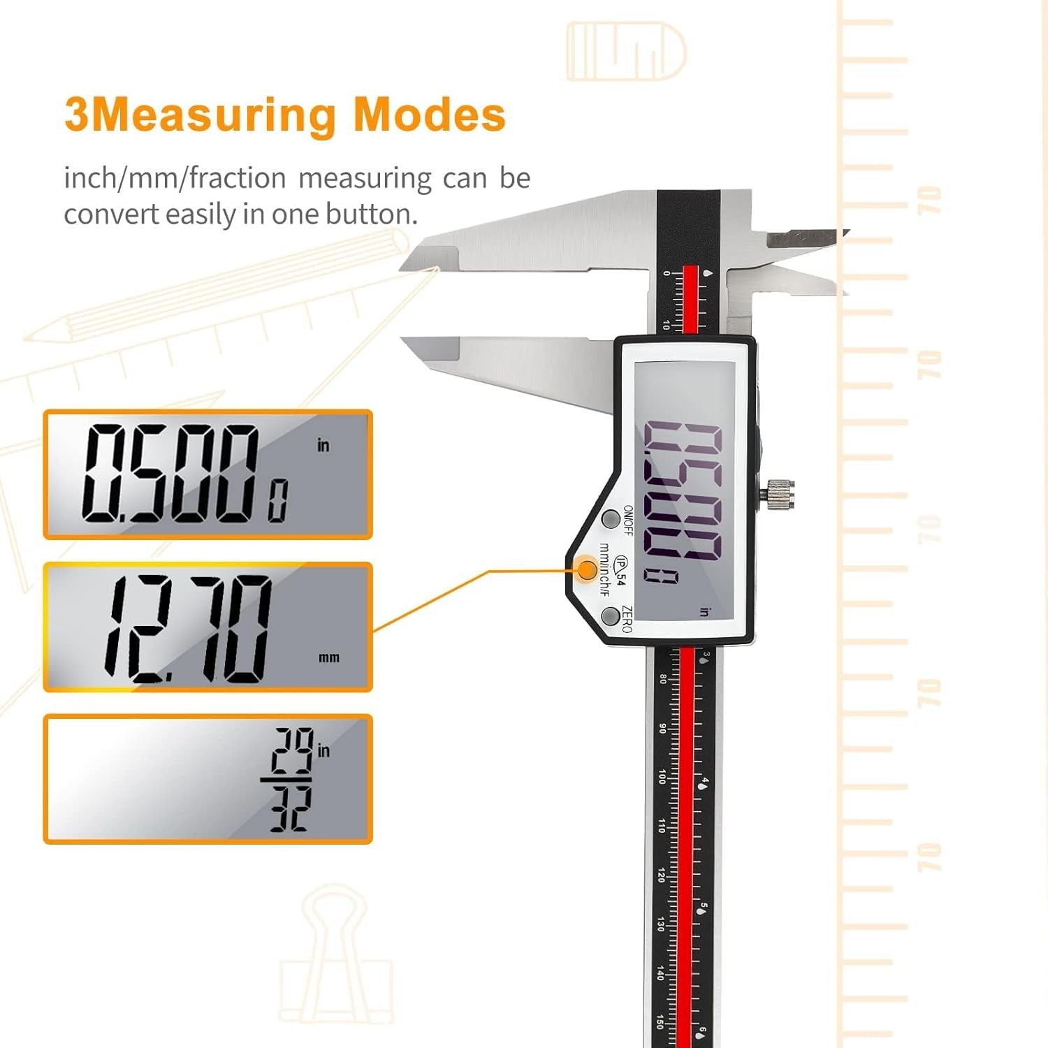 Stainless Steel 8'' Measuring Tool with Large LCD Screen & Auto-off Feature