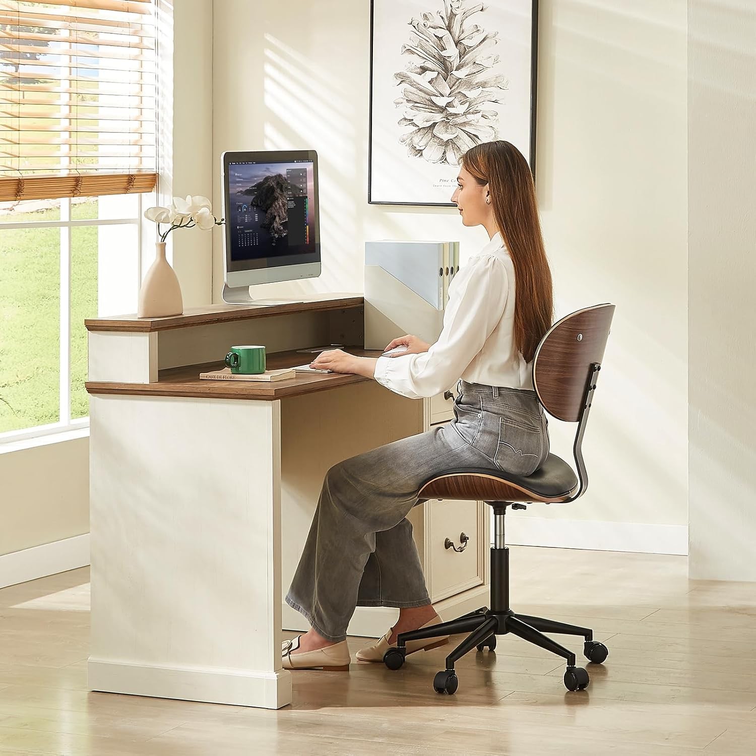 Small Office Chair W/ Bentwood Back Support Armless Desk Chair W/ 360° Swivel