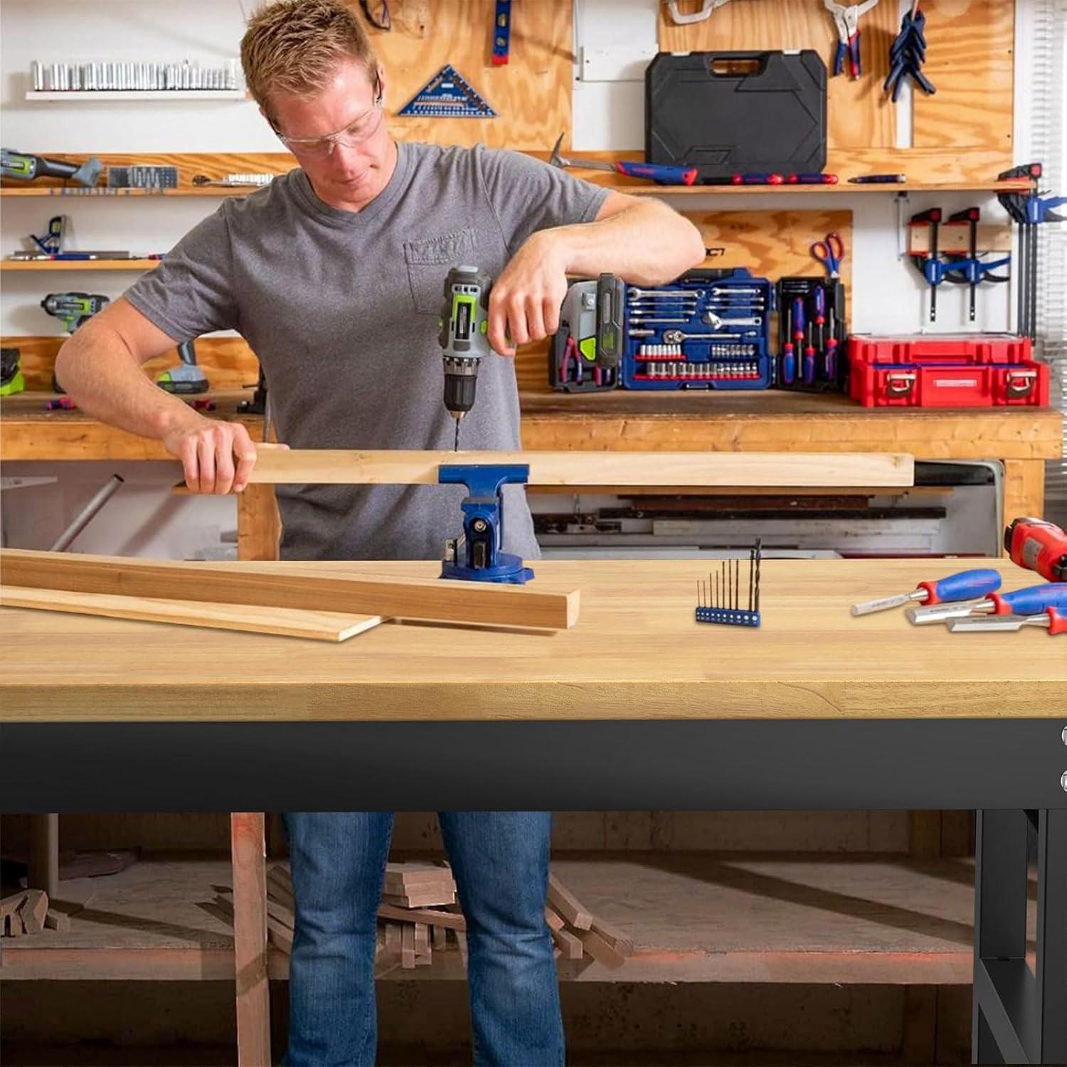 60" Adjustable Workbench,Heavy-Duty Work Table,3000 LBS Load Capacity Hardwood W