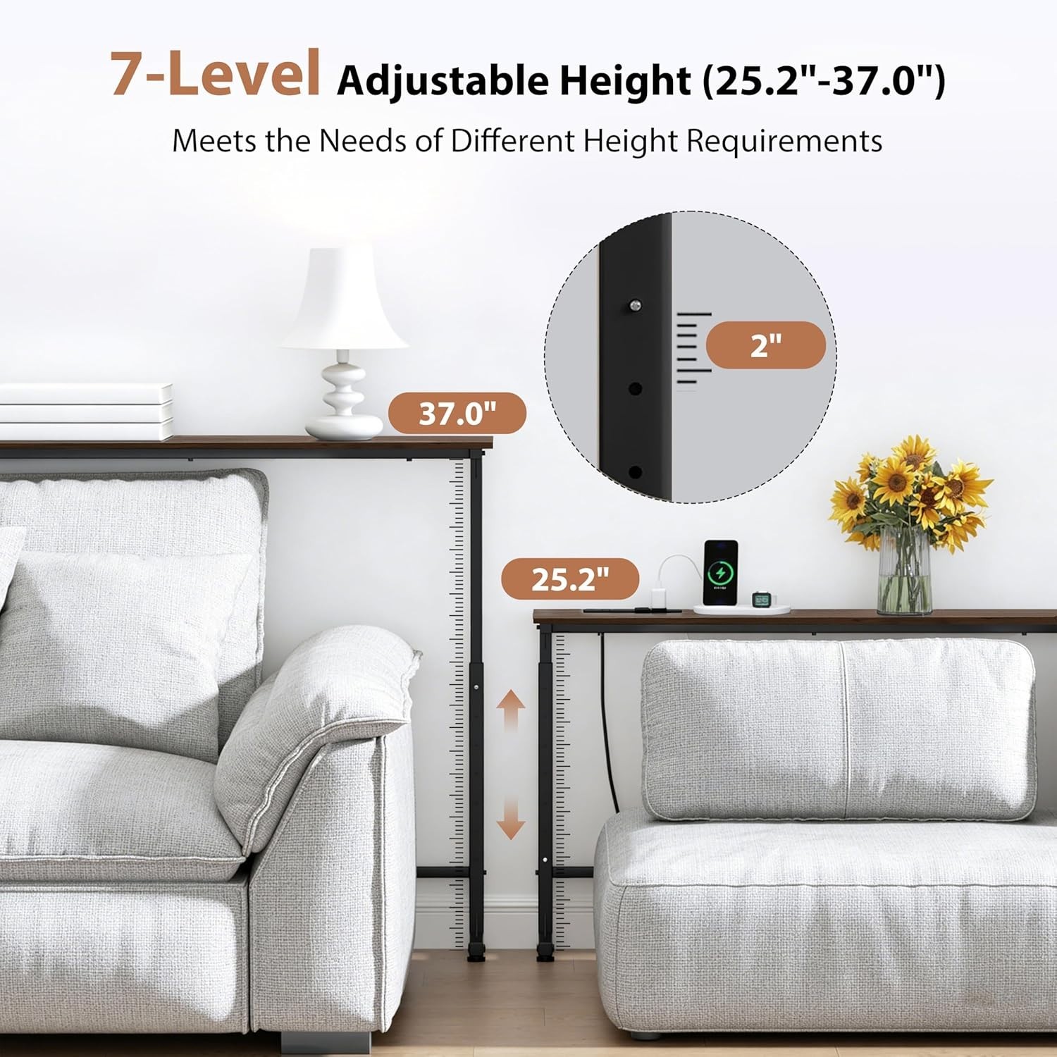 2 Pack Adjustable Height Narrow Console Table with Power Outlets, 70" Long Sofa