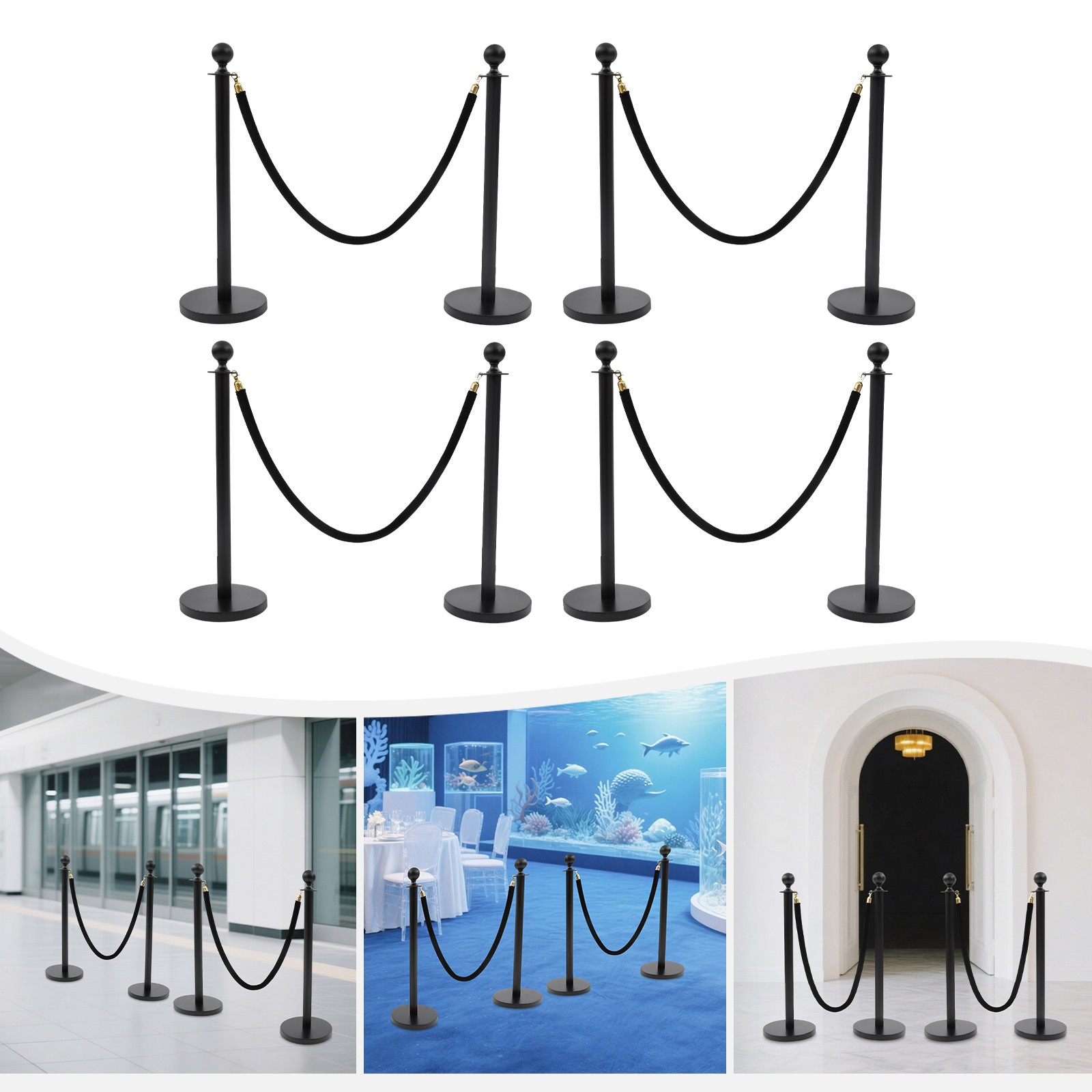 8 PCS Stanchion Posts Crowd Control Barriers Stanchion Pole with Ball Top & Rope