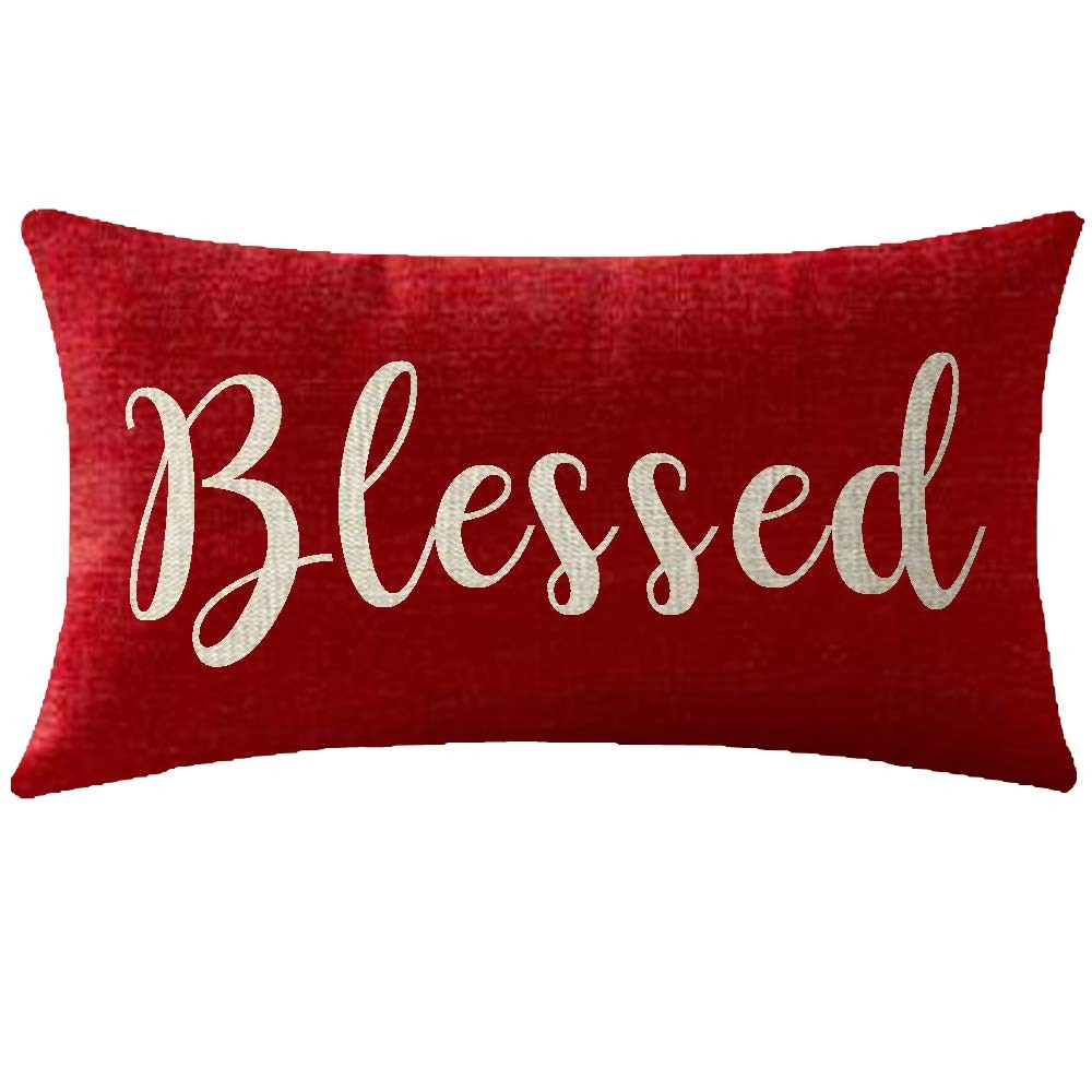 Inspirational Blessed Words Waist Lumbar Red Cotton Linen Throw Pillow Case Cush