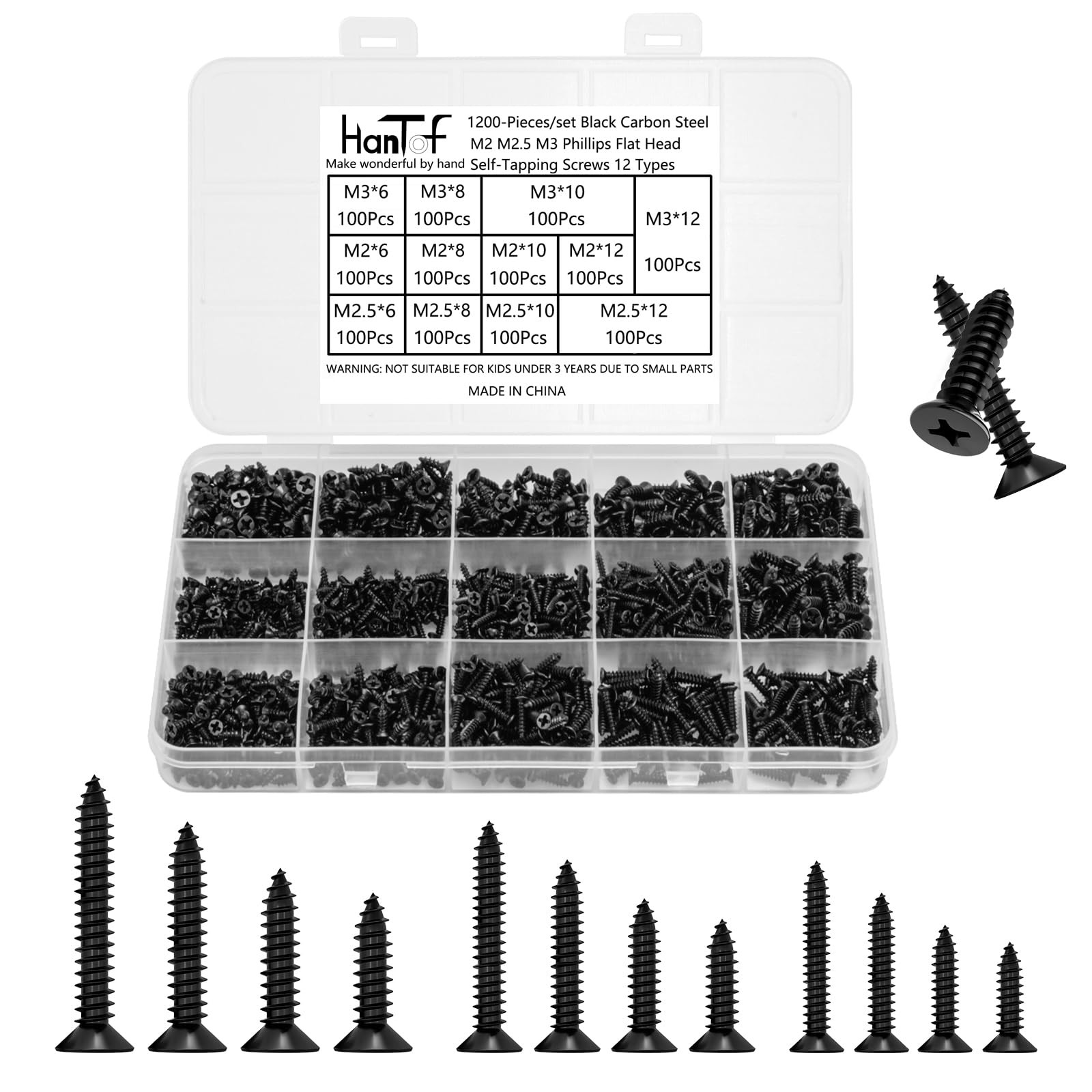 1200Pcs Black Tiny Self Tapping Screws for Wood, Plastic M2 M2.5 M3,