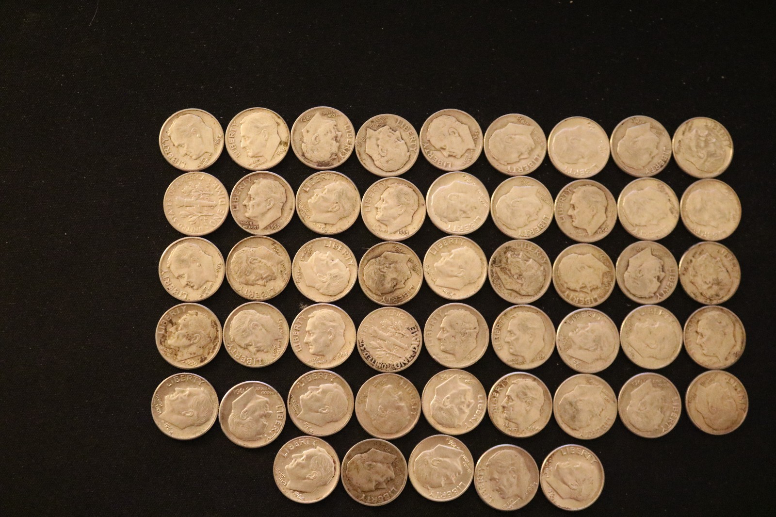 Nice Roll of Silver Roosevelt Dimes (50), Mixed dates - 90% Silver - Circulated