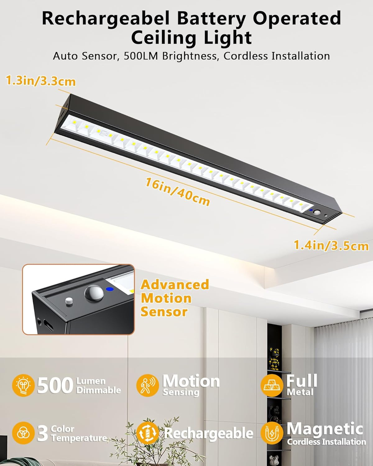 Rechargeable Motion Sensor Ceiling Light, Full Metal Battery Powered LED Closet