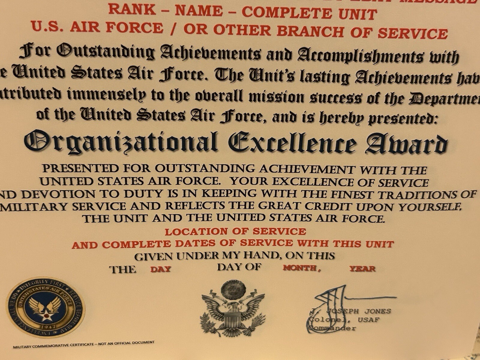 U.S. AIR FORCE / 7TH AIR FORCE - ORGANIZATIONAL EXCELLENCE AWARD CERTIFICATE