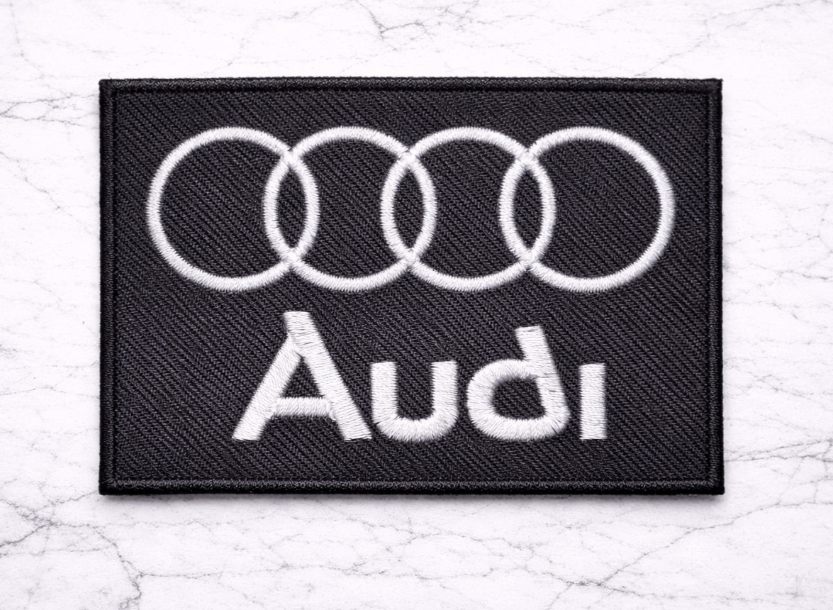 AUDI LOGO AUTO EMBROIDERED IRON ON OR SEW ON PATCH 3.25"X2.25" FREE SHIPPING