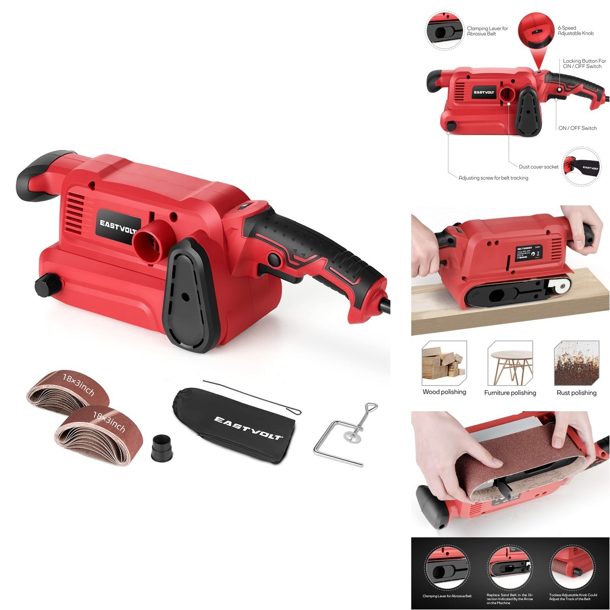 Eastvolt 5314E 7 Amp Belt Sander 3x18in 200-360RPM 20 Sanding Belts