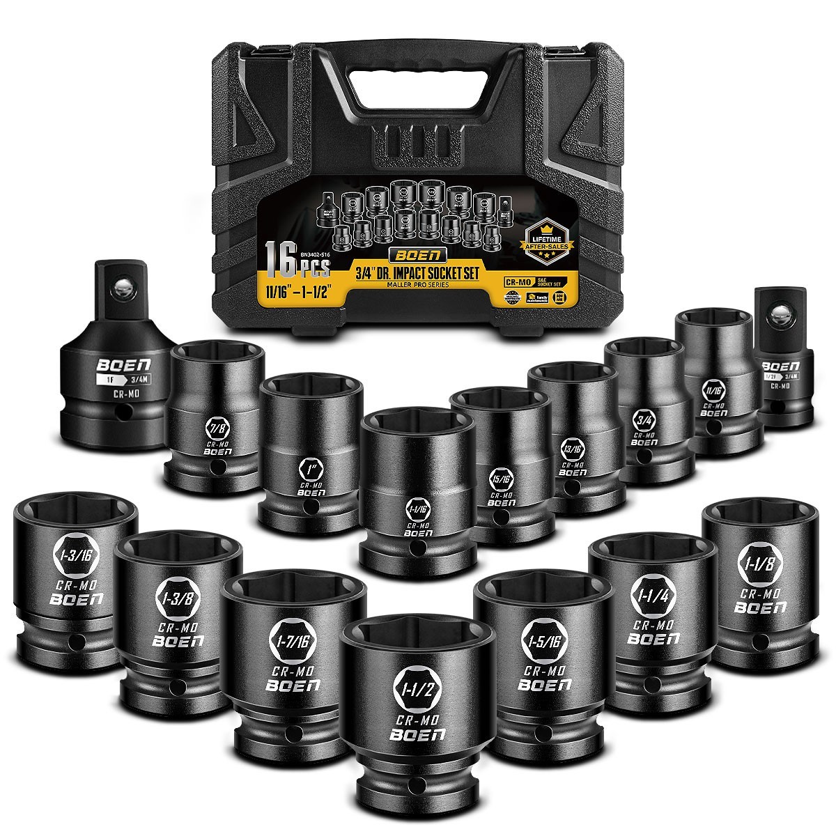 16 PCS 3/4" Drive Socket Set, SA 11/16" - 1-1/2" Large Impact Sockets, 6-Point
