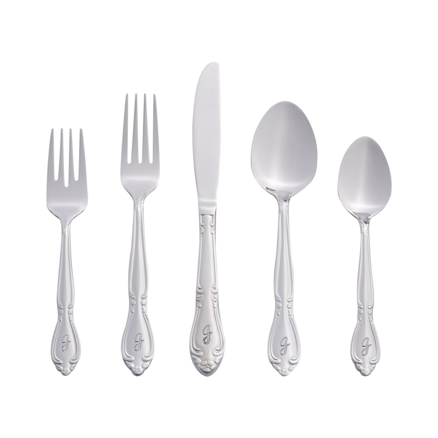 Rose Monogrammed Flatware Set 46 Piece Silverware - J - Utensils Set with Ser...