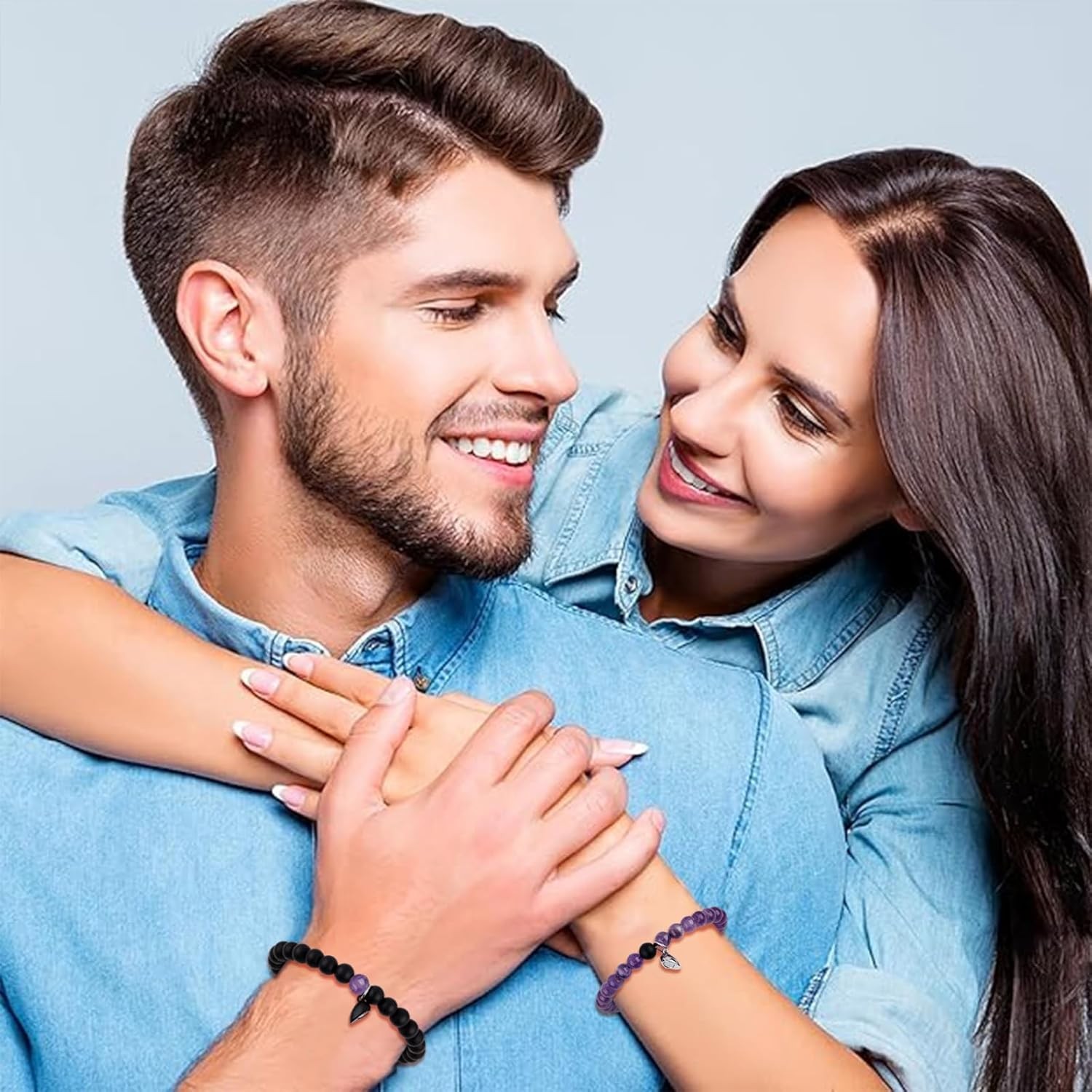 2 Pcs Magnetic Couples Bracelets Matching Adjustable Black-Amethyst