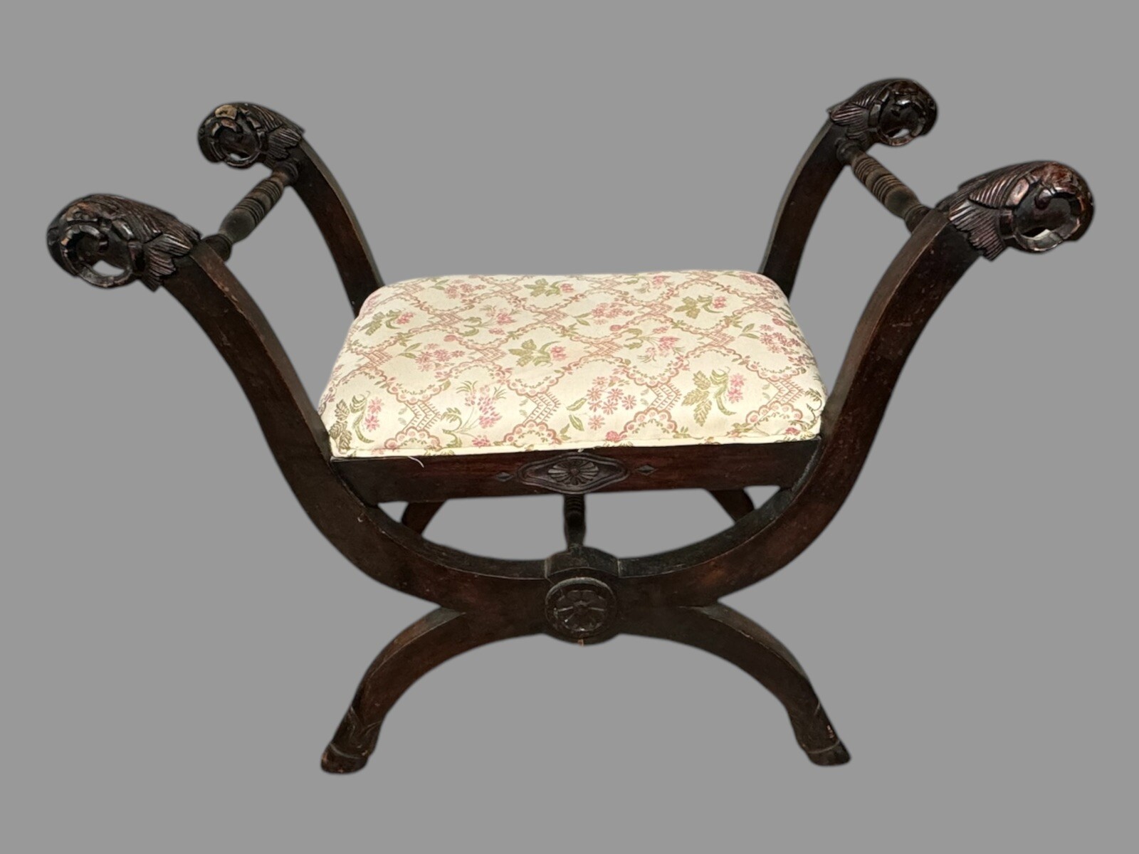 Vintage Mahogany Slipper Bench Foot Stool with Figural Handles