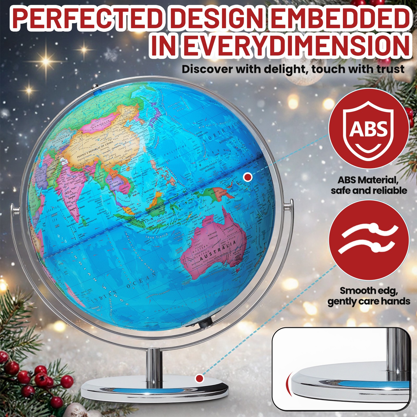 13" Illuminated Globe Map 720° Rotation with Touch Switch 3 LED Lighting Modes
