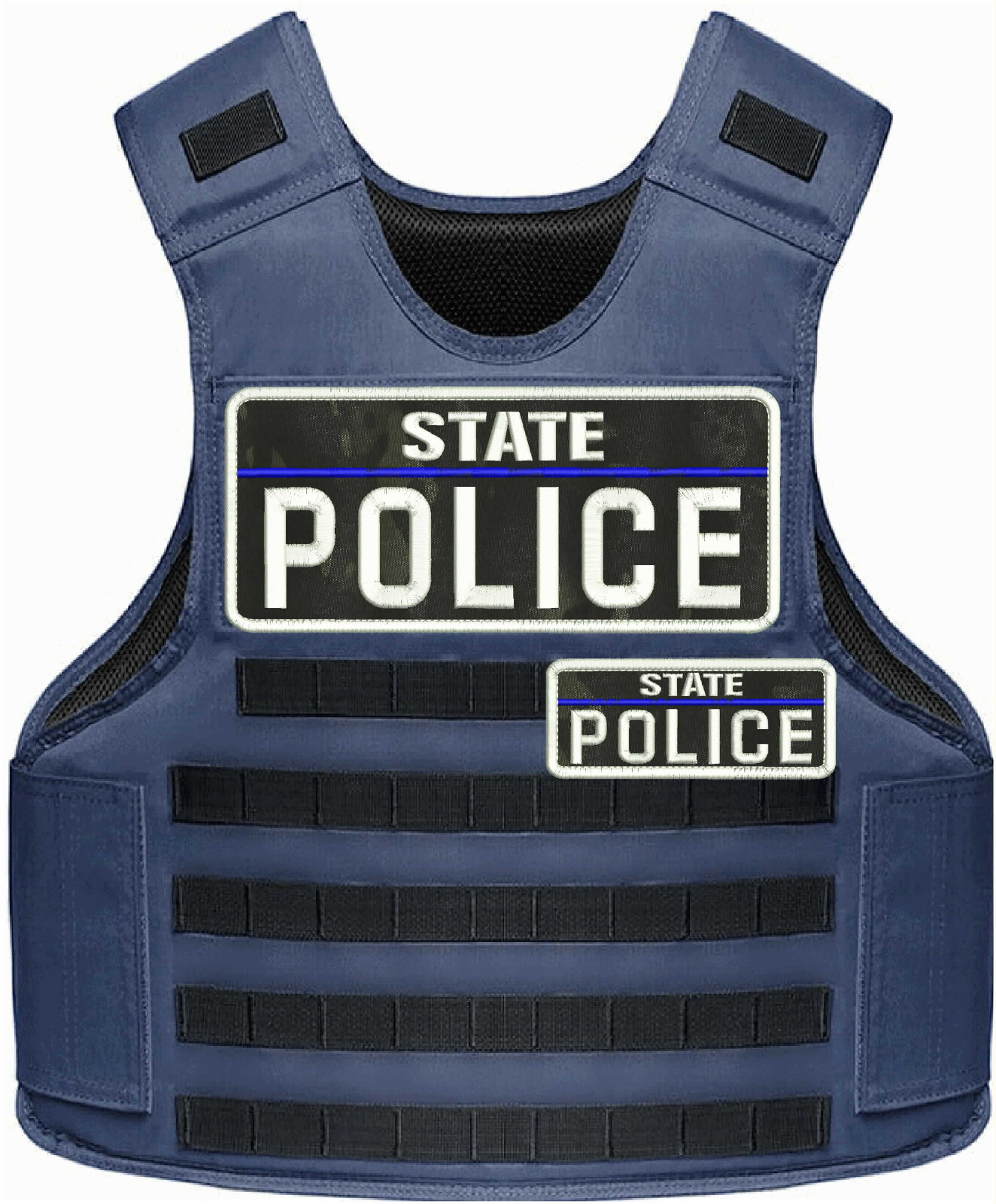 State Police 2 Emb Patches 4x10 & 2x5 VELCR@ On Back White On Black Multicam