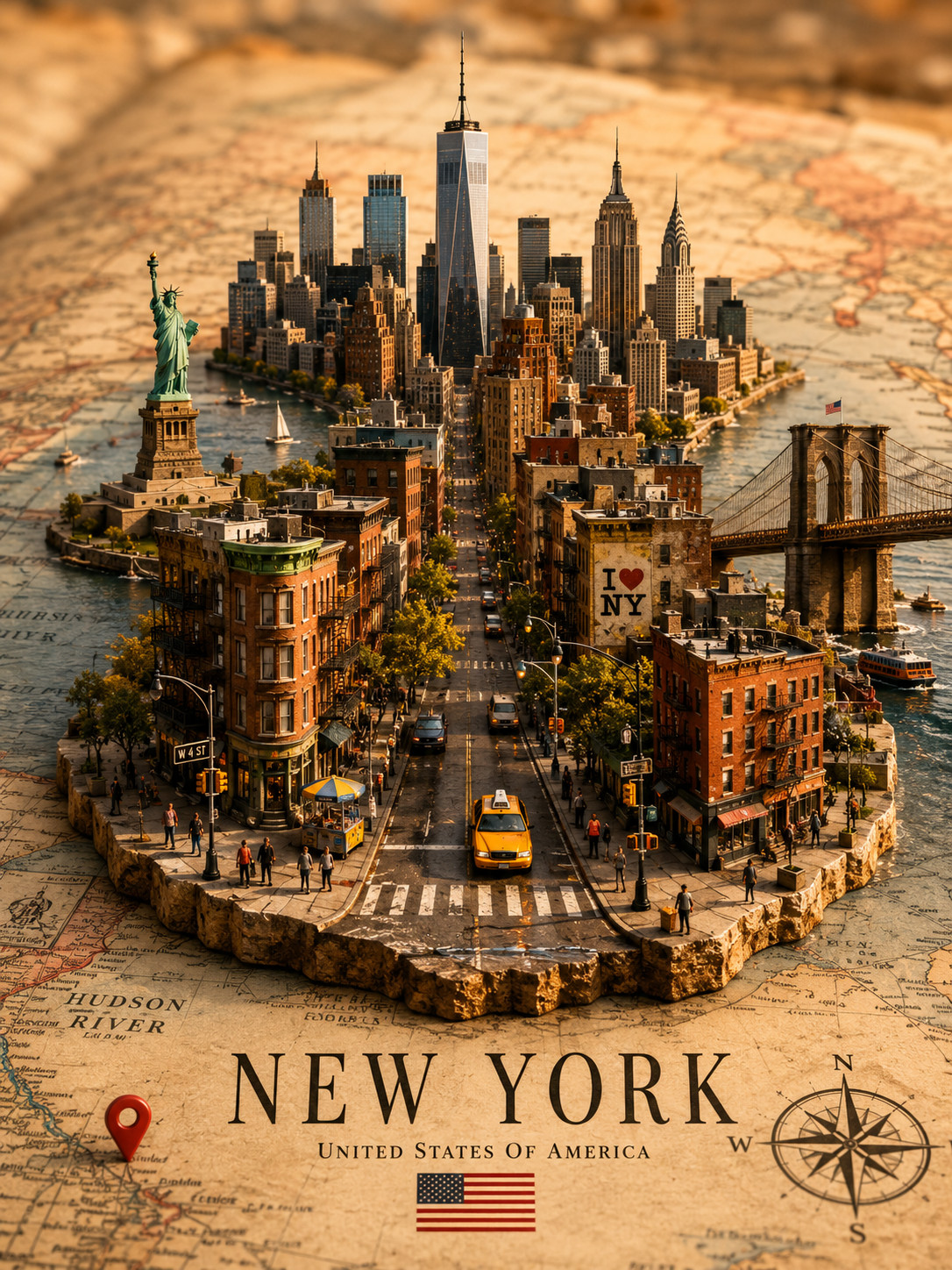 AI Image Prompt Vintage Map Miniature City Diorama Travel Poster Generator