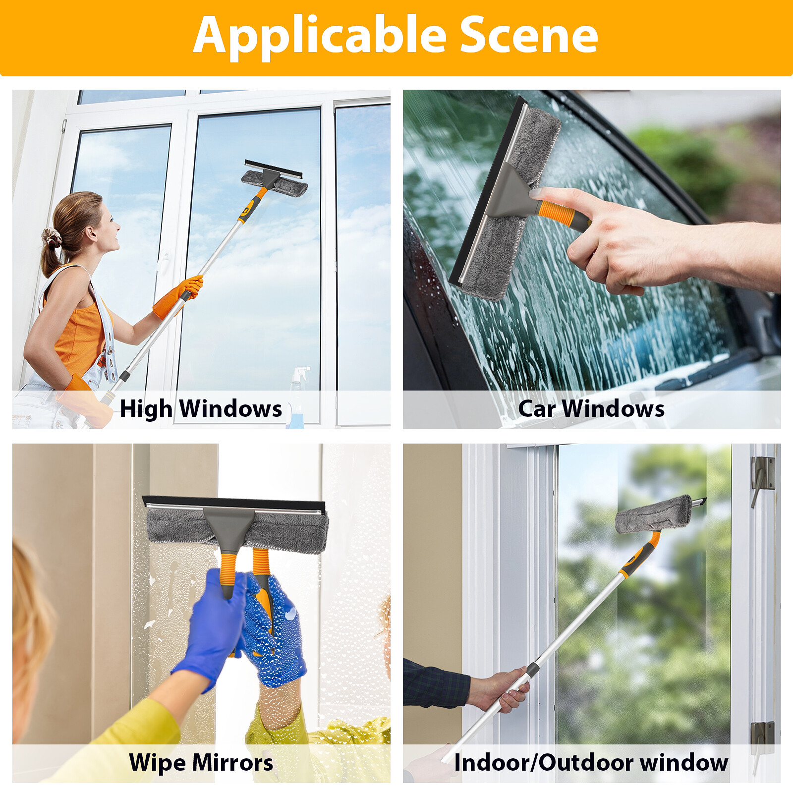 61'' Window Cleaner Extendable Telescopic Squeegee Long Handle Washer Scrubber