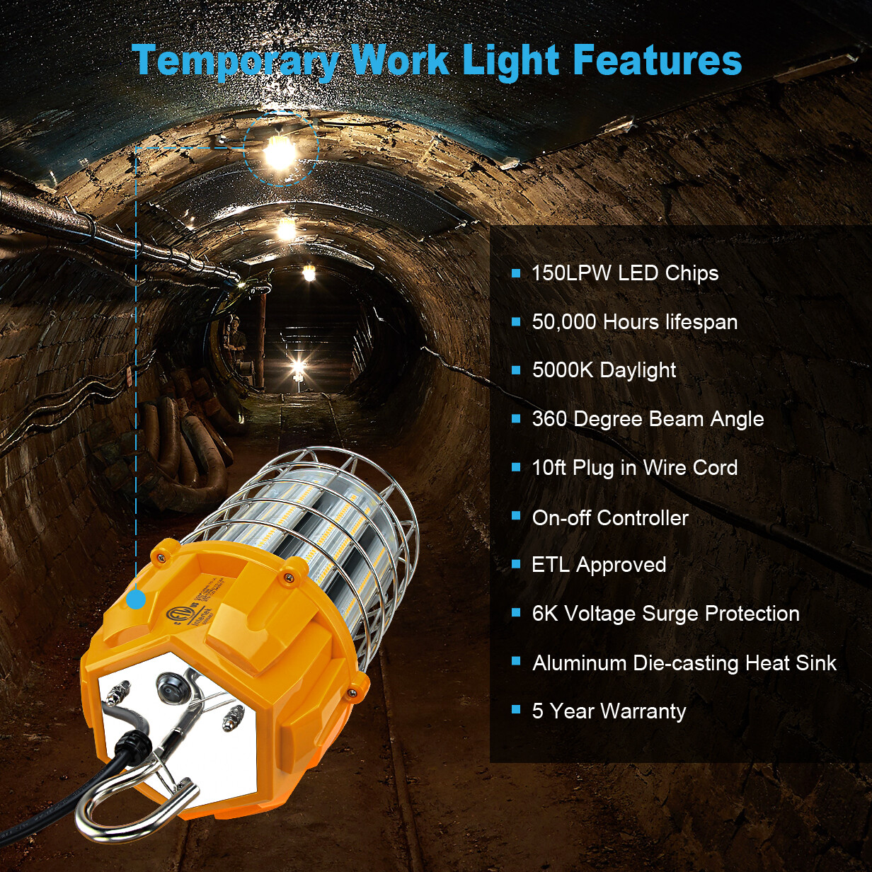 100W LED Temporary Work Light 14500LM Construction Jobsite Hanging Workshop Lamp