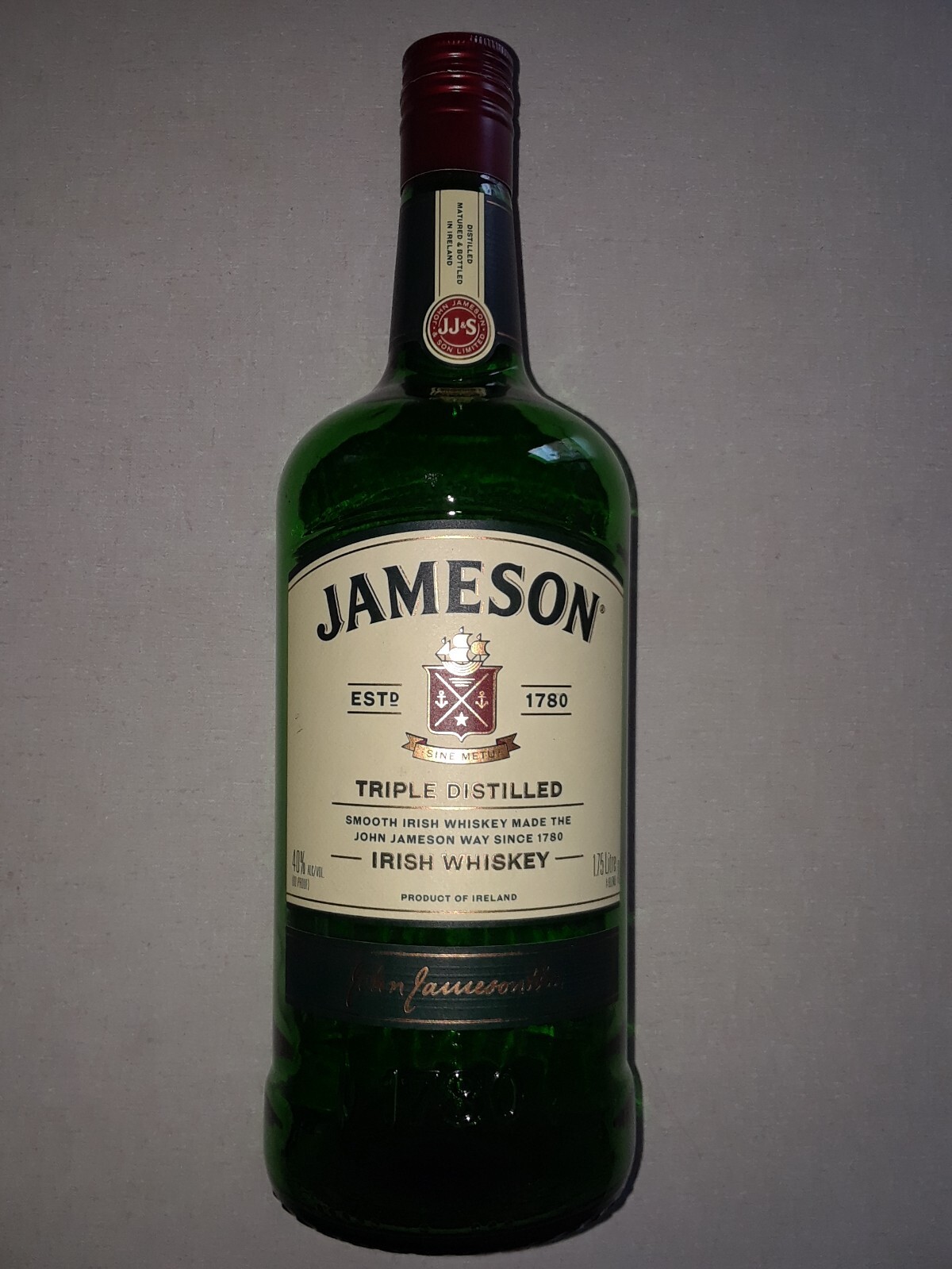 Jameson Irish Whiskey Empty 1.75 Liter Bottle with Cap, Nearly 14 Inches Tall!